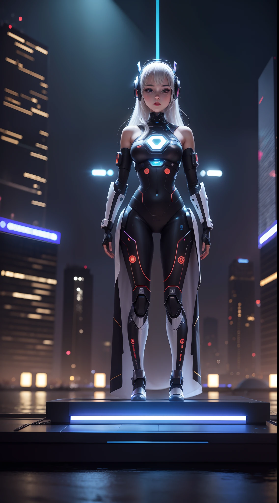 in a futuristic city, AI-powered robot musicians perform an exciting concert on a floating stage, Be surrounded by a holographic audience from different eras in history. Tell the story behind this fascinating event.