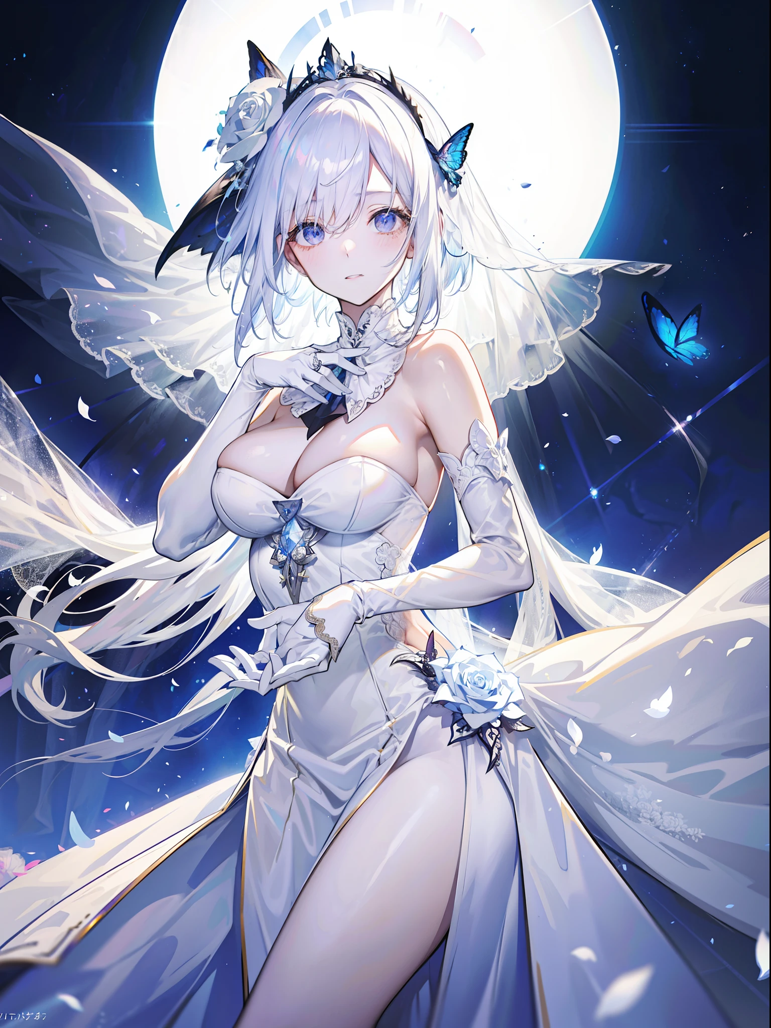 silber hair,butterflys,long whitr hair,white wedding gown,8k wallpaper,detailedbackground,Highest high resolution,deep v big breasts,Hair covers one eye,Bandeau wedding dress,chies,White rose,tight-fitting,
