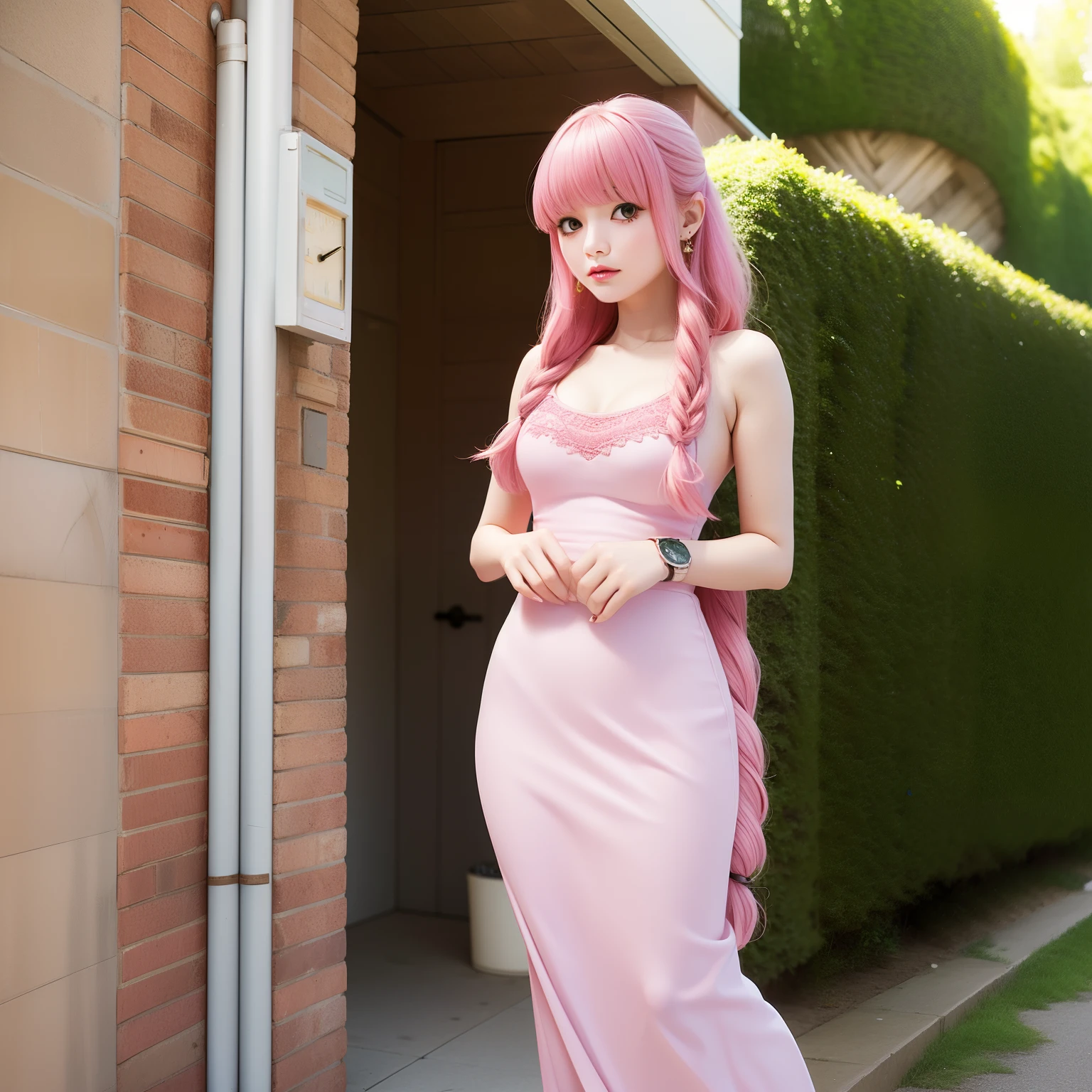 masterpice, Produce an ultra-realistic Instagram model of a beautiful woman: one woman, high heel sandals, full body, long pink hair,pink eyes, soft skin, sitting on a throne, beautiful pink dress, big breast, part of breast out, The image has a high resolution of 4K, with soft, natural lighting that enhances the model's skin tones and the brown color of their outfit, her legs uncovered, pink lips, white skin, a sexy lady, a beautiful lady, and a beautiful face. perfect face, pretty face, goddess face, the pink dress , not white dress