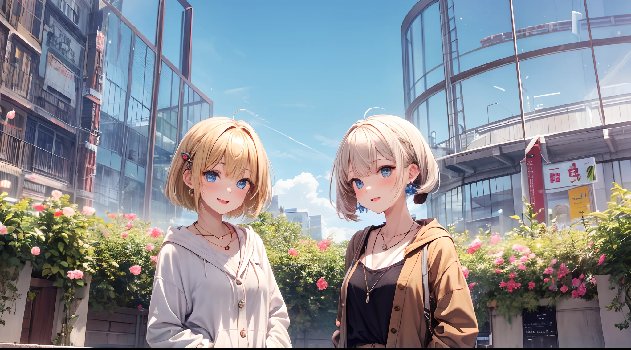 absurderes, ultra-detailliert,bright colour, extremely beautiful detailed anime face and eyes, view straight on, ;D, shiny_skin,25 years old, Short hair, , asymmetrical bangs, Blonde hair with short twin tails, Shiny hair, Delicate beautiful face, red blush、Blue eyes, White skin, hair clips, earrings, a necklace, Cardigan, Clothes, Brown clothes,