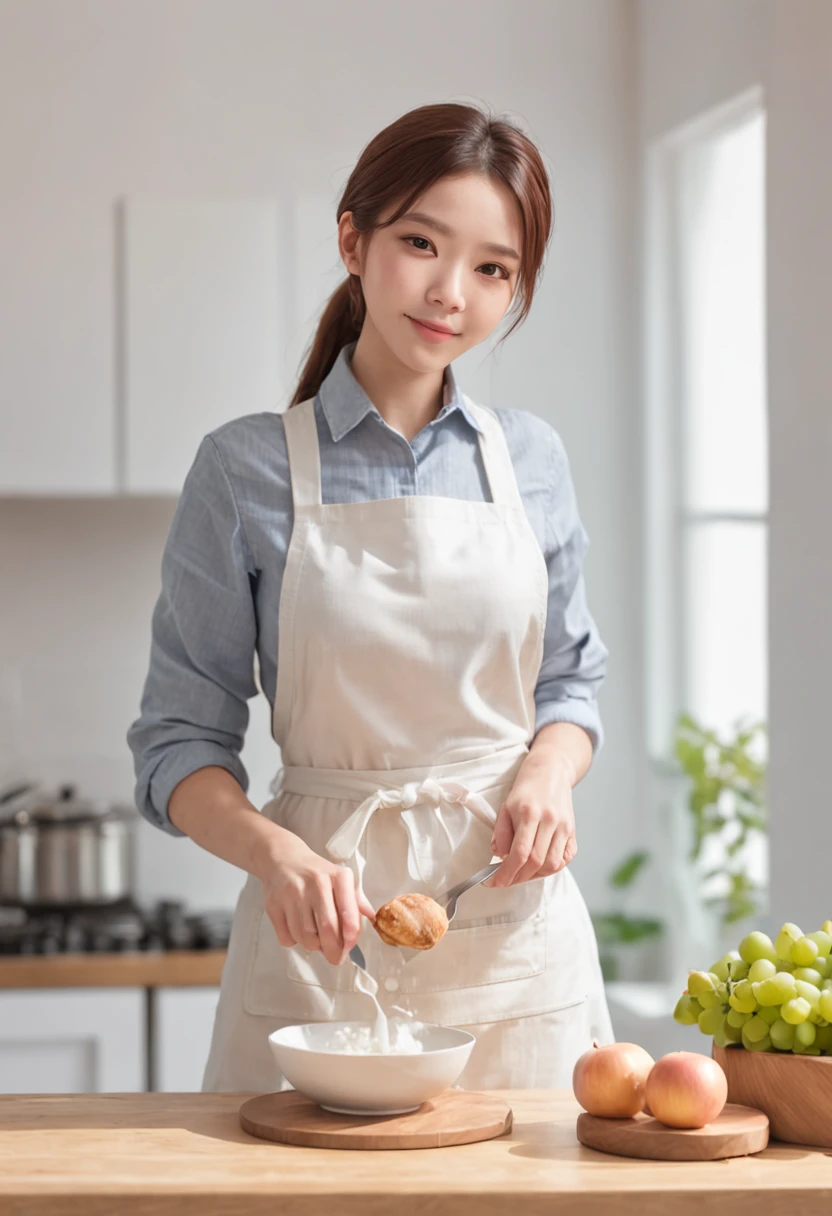 kitchens、Woman cooking、Gilet blanc、White apron、long trousers、Hold the pan in your left hand、Touch your head with your right hand、Background windows let in light、Sunnyday、Background kitchen water practice、fluency、small boobs、Cute smile、horse tailed、Bright environment、bust、4K、A high resolution、tmasterpiece、top-quality