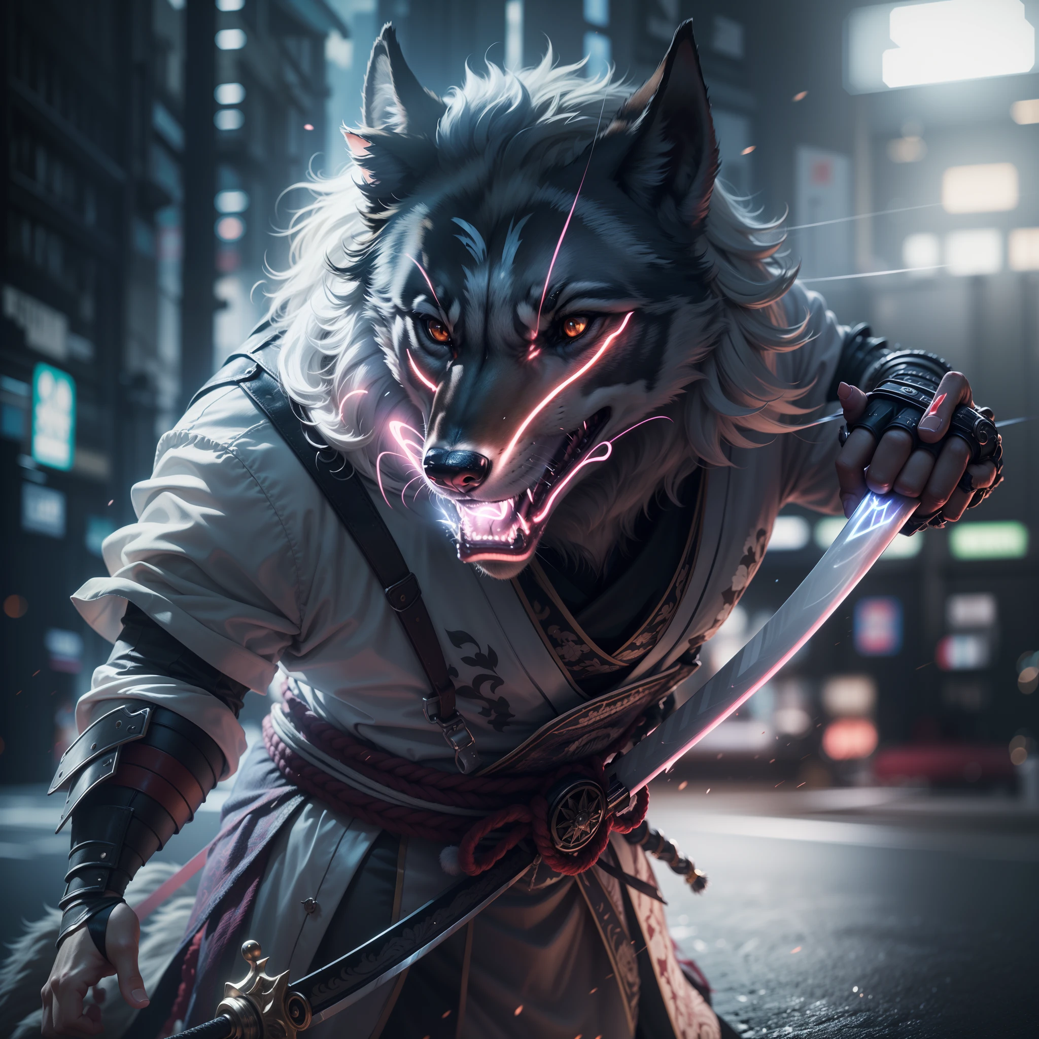 High-speed shutter, Long exposure, light trail. Digital masterpiece of a wolf in a samurai costume. This muscular wolf, Straight from the story of cyberpunk, Dressed in pristine white armor. While pulling out a realistic Japan sword, The aura of murderous intent is clearly visible. Black-style cyberpunk with a beautiful lighting scheme that emphasizes the aura. Straight-on angle, very high res, Best aesthetic, 4K resolution.