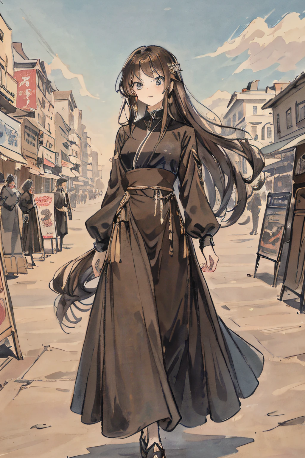 A 17-year-old girl，Sky blue eyes，Height 175cm，Long brown hair that falls to the waist，The chin is slightly pointed，Wearing a long black dress，elegance and cuteness，The mouth is closed，Walk in the promenade，The promenade is flanked by festival posters