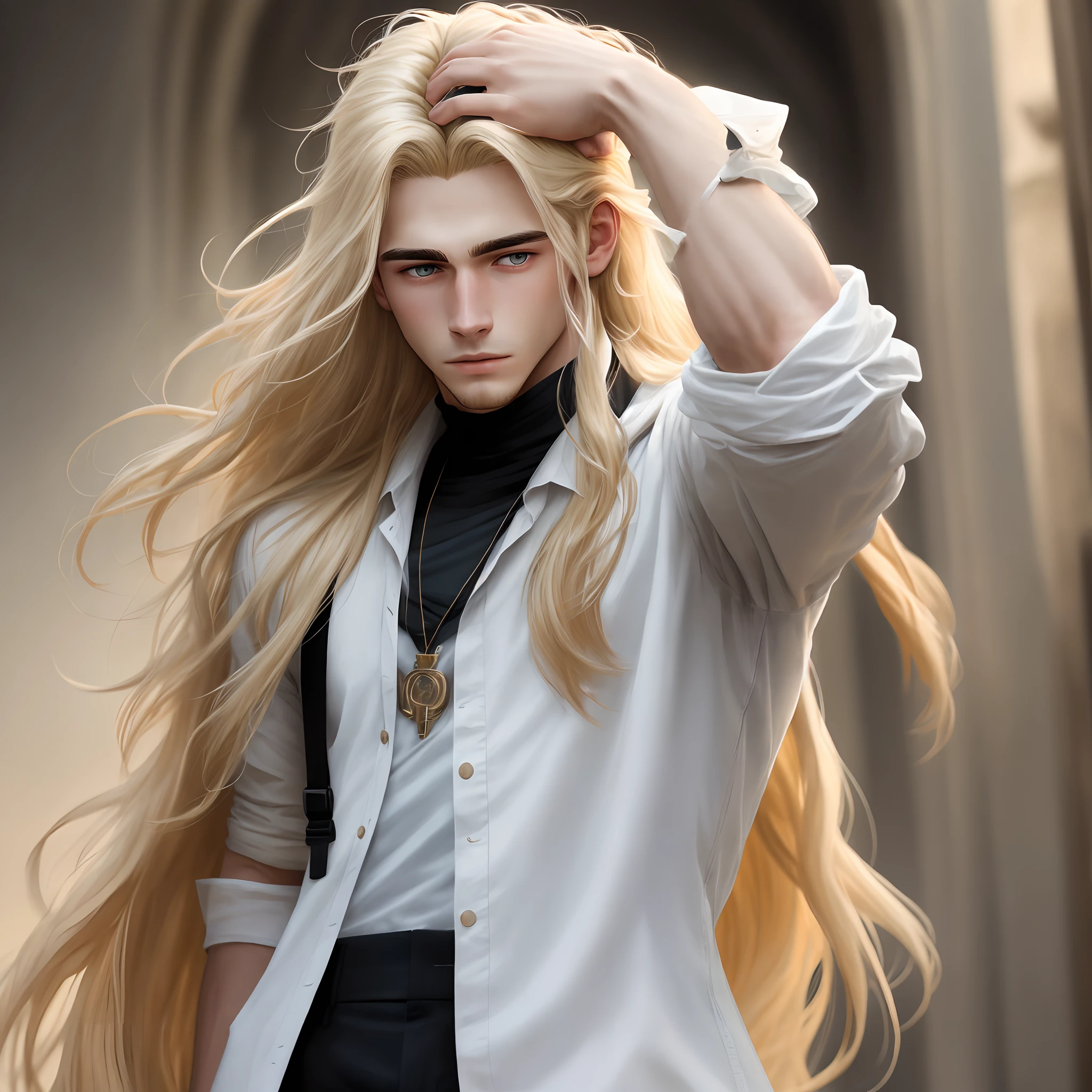 Young male with long blonde hair,Holding a head in his hands,Divine color