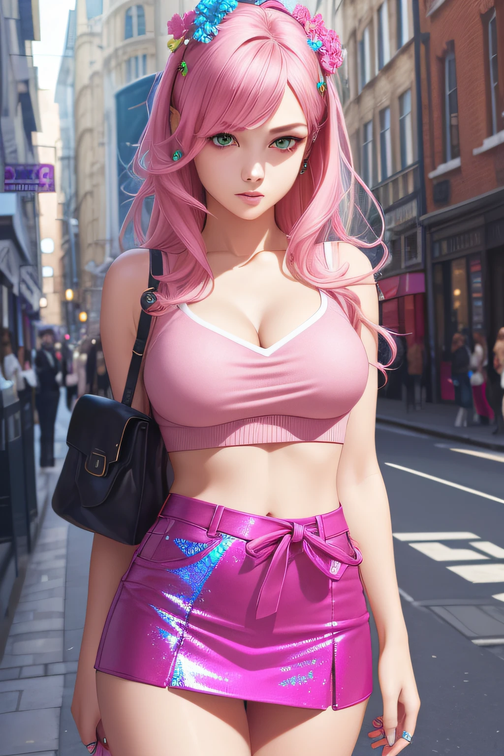 unparalleled masterpiece ever, super realistic 8K , erfect artwork、Cultural fashion for s in the UK、Sexy and colorful、shockingpink、((a miniskirt))、frilld、Women's glitter fashion、A detailed face、face perfect、perfect eyes、high-detail