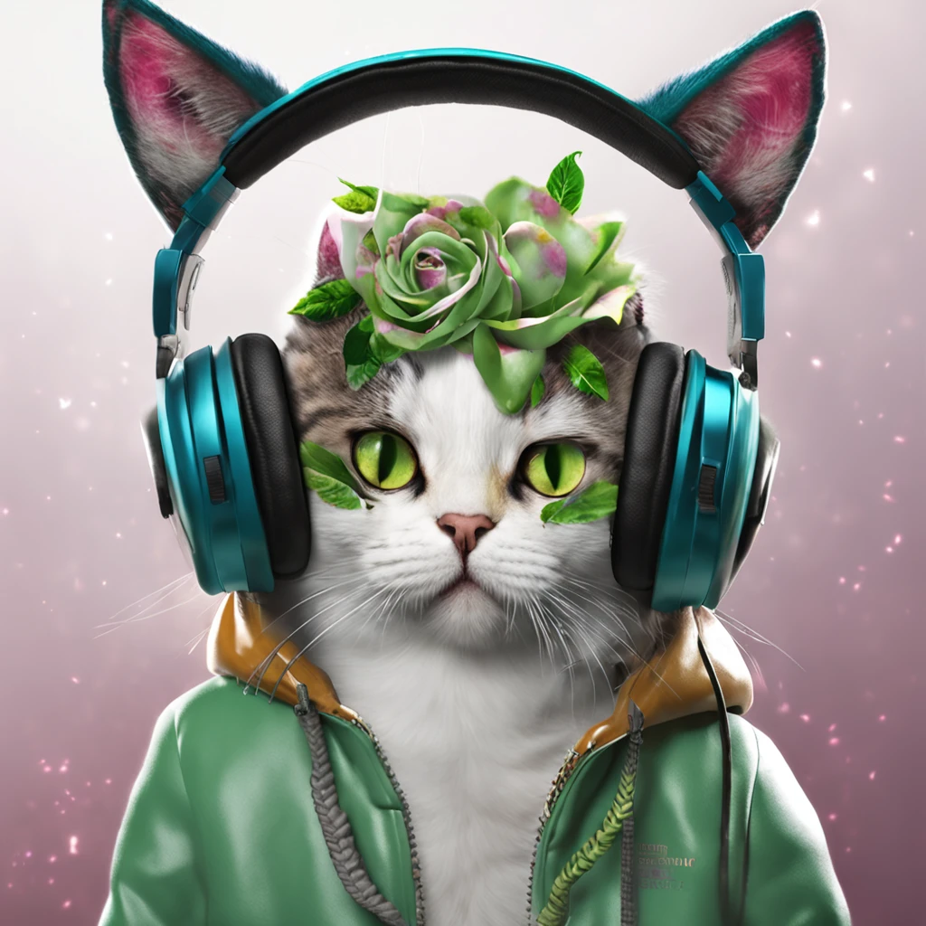 Perfect centering, Cute cat, Wearing a jacket,American short cat,green-eyed,Rose flower, Wearing headphones, cheerfulness, Standing position, Abstract beauty, Centered, Looking at the camera, Facing the camera, nearing perfection, Dynamic, Highly detailed, smooth, Sharp focus, 8K, high definition resolution, illustration, Art by Carne Griffiths and Wadim Kashin, White background