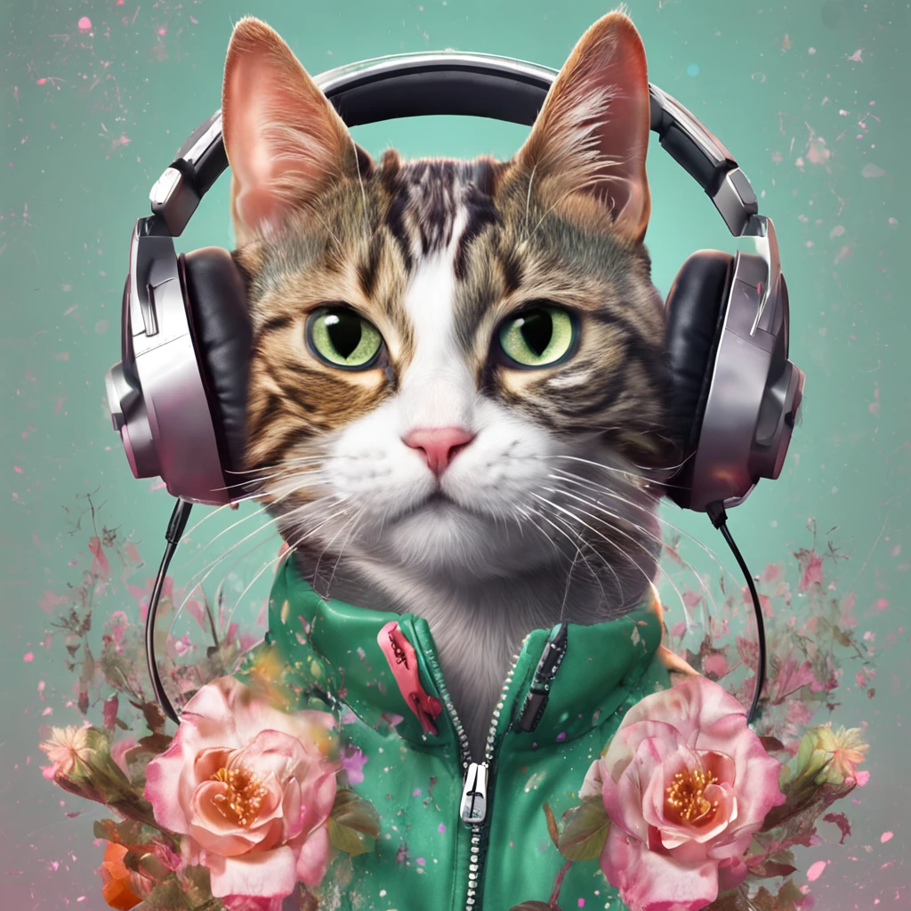 Perfect centering, Cute cat, Wearing a jacket,American short cat,green-eyed,Rose flower, Wearing headphones, cheerfulness, Standing position, Abstract beauty, Centered, Looking at the camera, Facing the camera, nearing perfection, Dynamic, Highly detailed, smooth, Sharp focus, 8K, high definition resolution, illustration, Art by Carne Griffiths and Wadim Kashin, White background