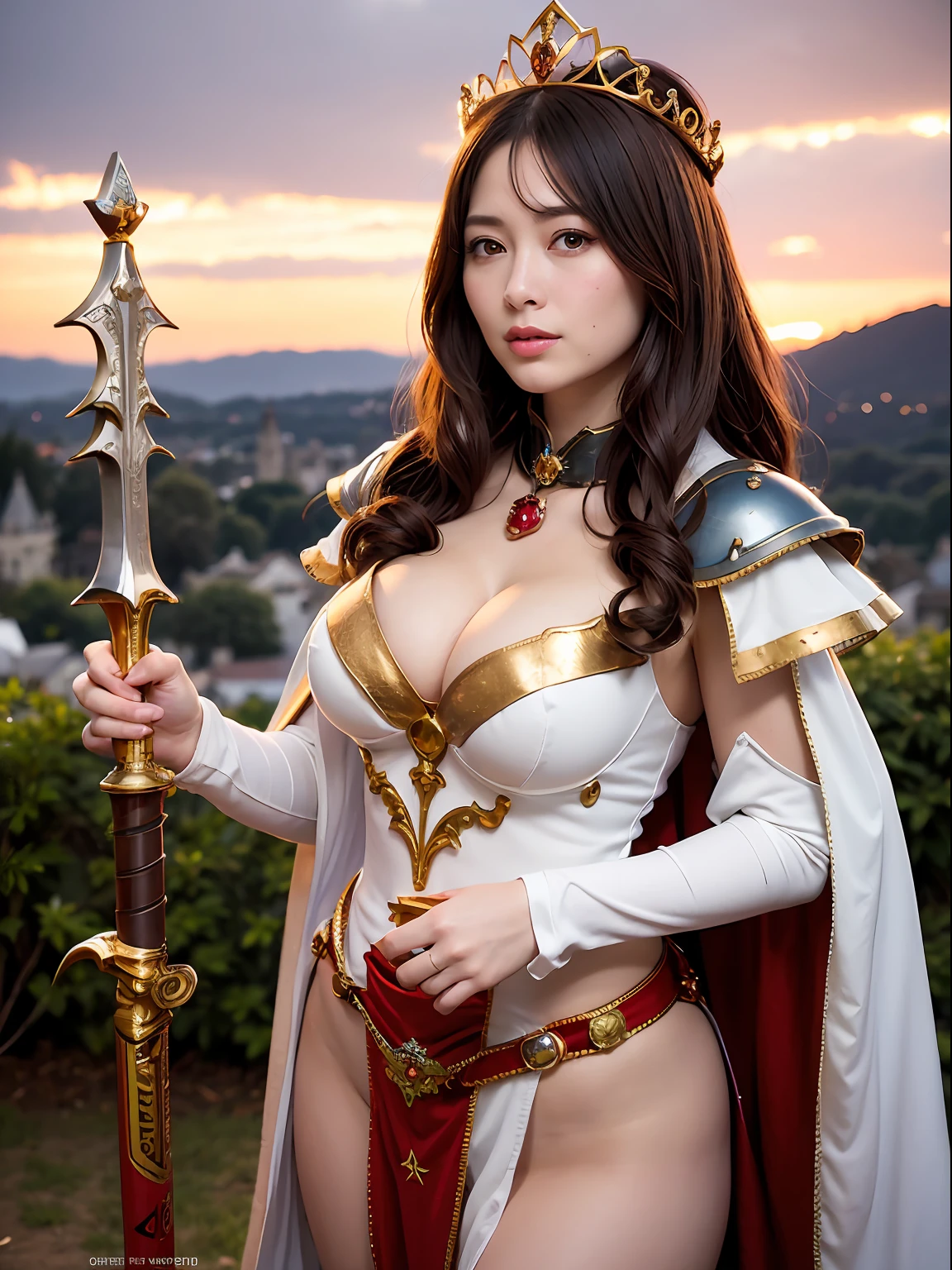 Professional , masterpiece、top-quality、photos realistic , depth of fields (Gemstone Silver Metal Body:1.9),(Matte Silver、Jewel Gold Weapon、(Gorgeous castle background)、(Jewel Metal Body:1.4),(Gorgeous Jewel Metal Weapons) , (Hold the detailed sword of the hero) ,(,close-up,dream magical,tornado ) ,warhammer 40k , adepta sororitas,Detail and ornate jewel crown、Brown hair、(Gangle's forest background)、1a person、dynamic ungle,(((Diamond tiara with detail and luxury)))、a small face、A smile、Powerful poses、(Gorgeous castle background)、huge filesize、20 year old beautiful woman、Stand in the center of the screen、Thin female fingers、Straight long hair、Beautiful Caucasian beauty、Mystical expression、Lightly open your mouth、,Luminescent particles,light scattering,Tindall Effect、cleavage of the breast、