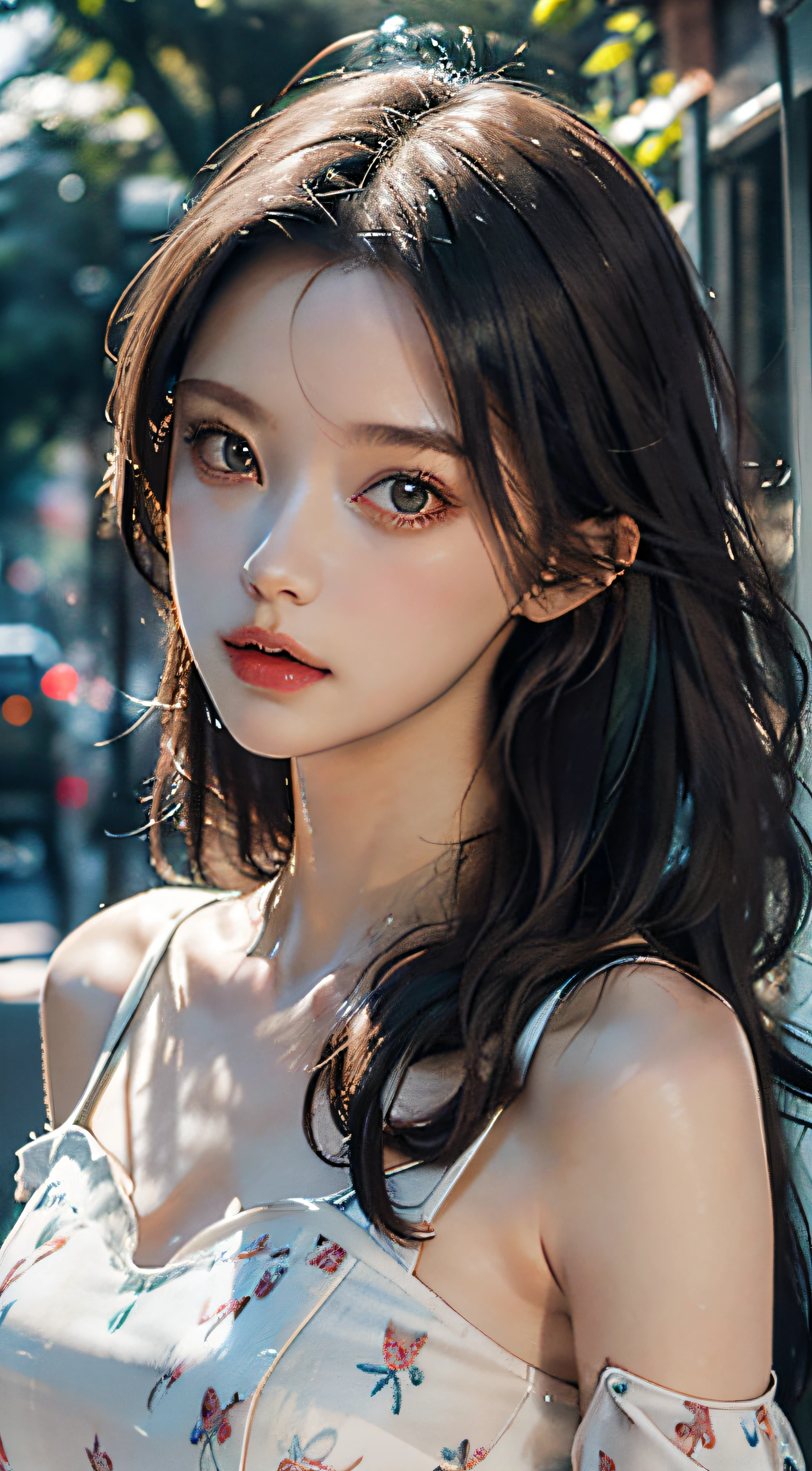 best qualtiy,tmasterpiece,超高分辨率,(真实感:1.5),RAW photogr,Korean girl,cropped shoulders,In the sun,deep shading,low tune,warm lights,Works of masters,Photographic works,Korean alleys,Street with foot traffic,Snack street,Commodity Street,Photographic works