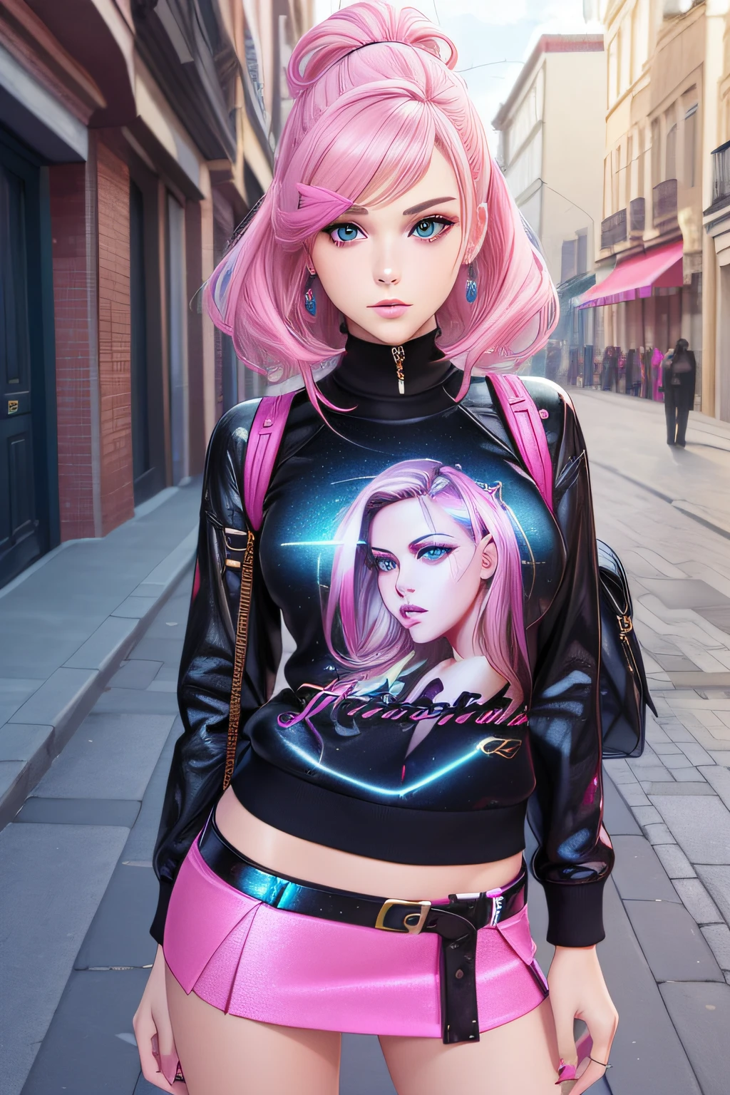 unparalleled masterpiece ever, super realistic 8K , erfect artwork、Street fashion for teens in the UK、Sexy and colorful、shockingpink、((a miniskirt))、frilld、Women's glitter fashion、A detailed face、face perfect、perfect  eyes、high-detail