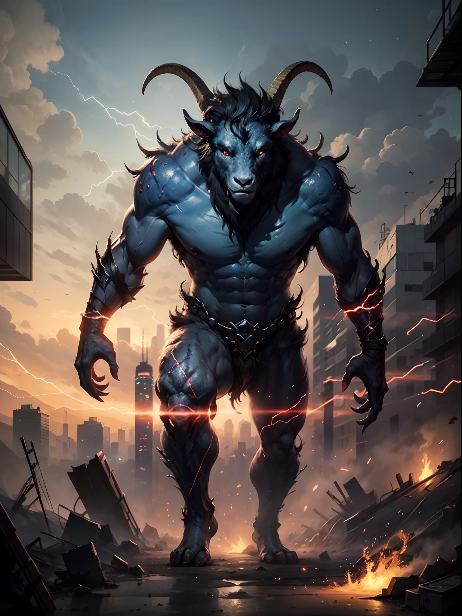 Masterpiece, Best quality，8K, 超高分辨率，In a run-down city，Powerful energy fluctuations in the sky distorted space，Mysterious cracks appear，Evil goat-faced humanoid monster，There are sharp claws、Huge blue scales and red eyes all over the body，They left flickering sparks and illusory energy residues under their feet。。，Set against the backdrop of cities destroyed after the apocalypse，Volumetriclighting，rendering by octane，4K 分辨率，ArtStation Trends，tmasterpiece