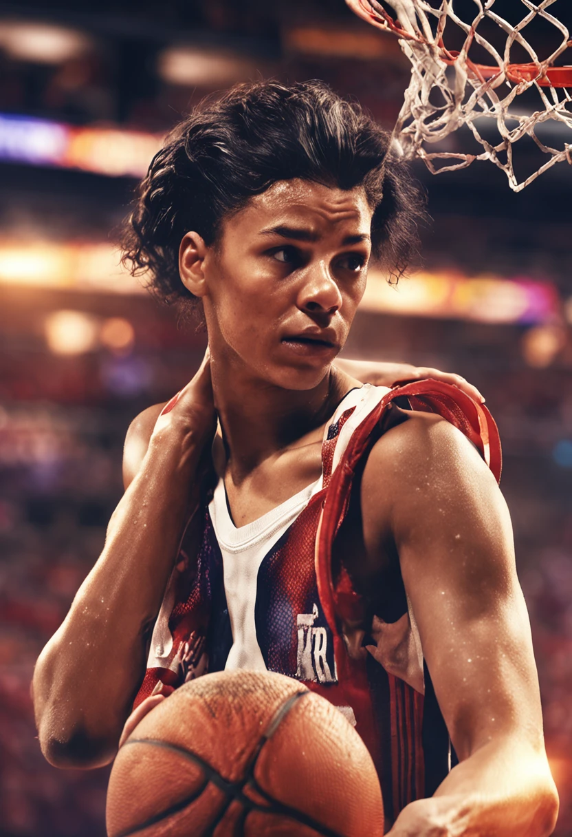 ((Professional basketball court)), Cheers of the audience, The collision of basketball and football, coalescence, Black hair, pony tails, basketball suit, shiny skins, Wet hair, Detailed face, (RAW photogr, Best quality, Masterpiece:1.2), (hentail realism, Realistis:1.37), Professional lighting, Light on the face,