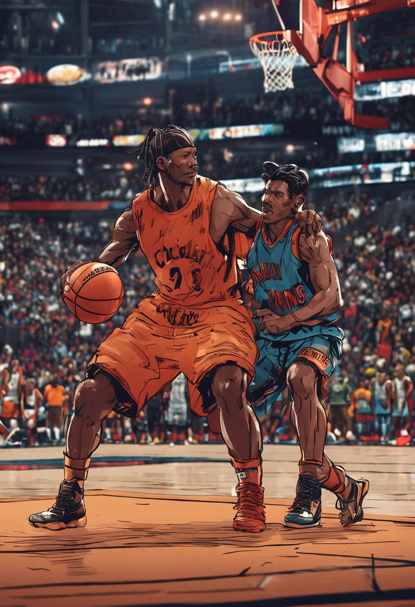 ((Professional basketball court)), Cheers of the audience, The collision of basketball and football, coalescence, Black hair, pony tails, basketball suit, shiny skins, Wet hair, Detailed face, (RAW photogr, Best quality, Masterpiece:1.2), (hentail realism, Realistis:1.37), Professional lighting, Light on the face,