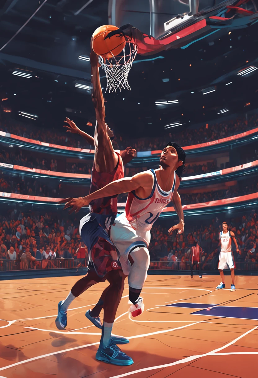 ((Professional basketball court)), Cheers of the audience, The collision of basketball and football, coalescence, Black hair, pony tails, basketball suit, shiny skins, Wet hair, Detailed face, (RAW photogr, Best quality, Masterpiece:1.2), (hentail realism, Realistis:1.37), Professional lighting, Light on the face,