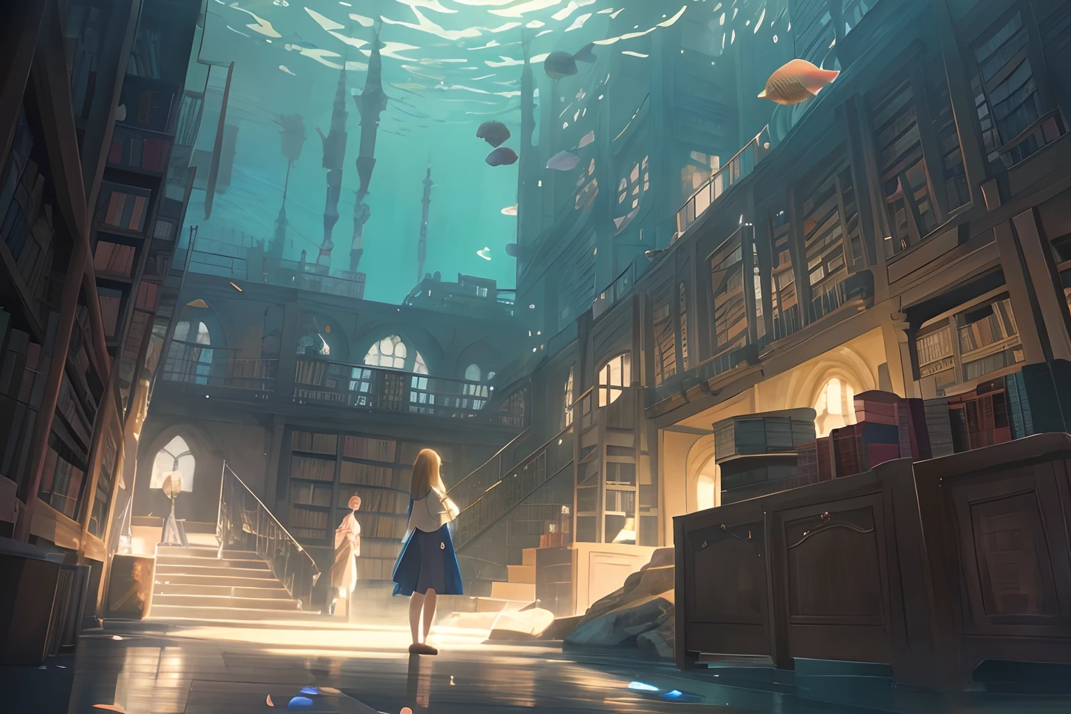 Anime scene of a woman in a library with a huge aquarium, library of ruina concept art, anime scenery concept art, Background of the Alchemist Library, beautiful anime scene, Anime Background Art, anime fantasy illustration, gothic epic library concept, by makoto shinkai, by makoto shinkai, Reflectors. by makoto shinkai, concept art stunning atmosphere