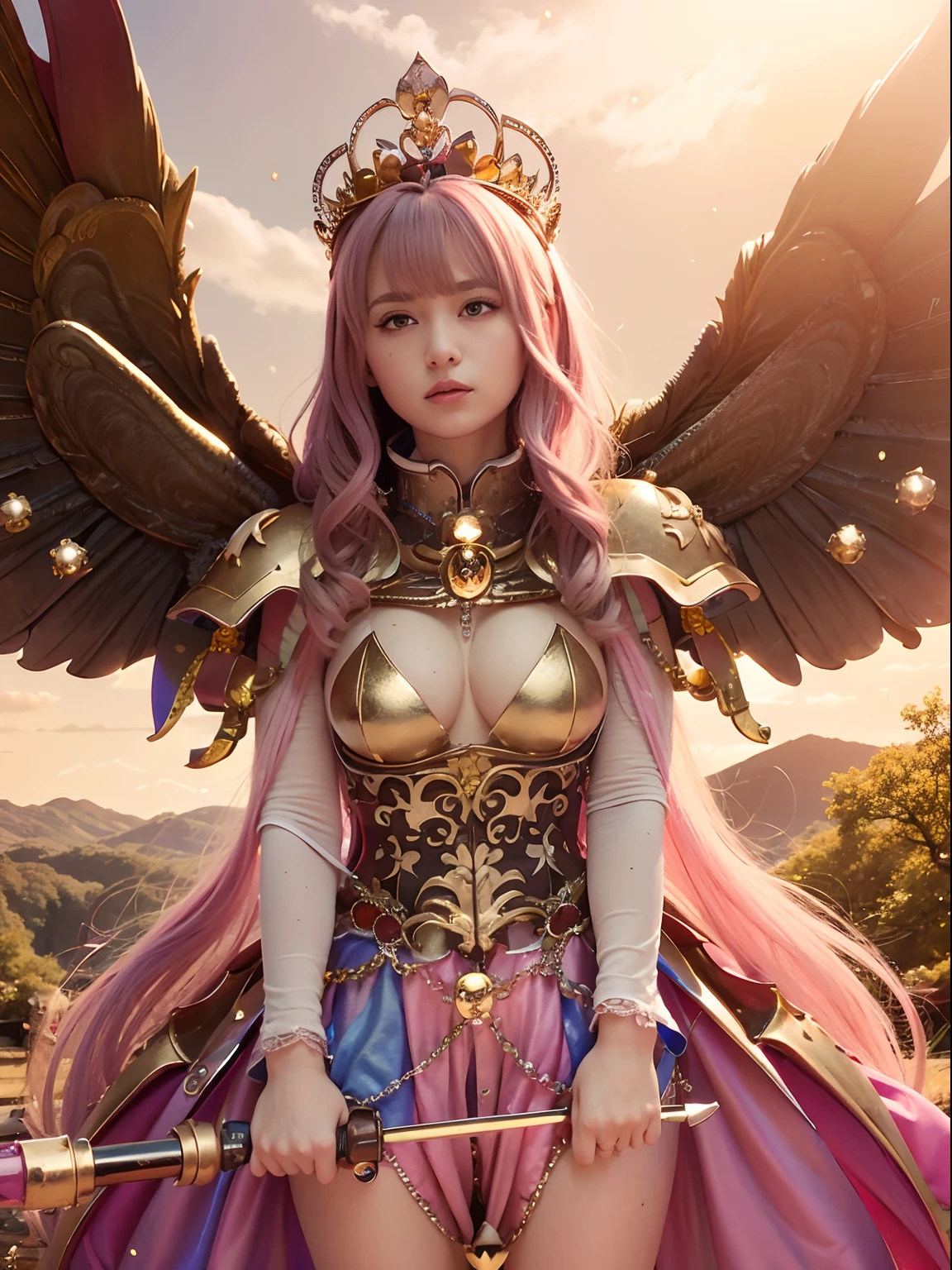 (masutepiece), Professional , masterpiece、top-quality、photos realistic , depth of fields (Gemstone Silver Metal Body:1.9),(Matte Pink、Jewel Gold Weapon、(Gorgeous castle background)、(ultimate beauty girl)、(Rainbow fairy wings grow)、Particles of light、(Jewel Metal Body:1.9),Gorgeous Jewel Metal Weapons , Detailed Sword of the Brave ,( a blond) ,warhammer 40k , adepta sororitas,Detail and ornate jewel crown、独奏、Brown hair、(Gangle's forest background)、Beautiful Caucasian beauty、1a person、dynamic ungle,(((Diamond tiara with detail and luxury)))、a small face、Powerful poses、(Gorgeous castle background)、huge filesize、20 year old beautiful woman、Stand in the center of the screen、Thin female fingers、Straight long hair、Beautiful Caucasian beauty、(maikurobikini)、Hair fluttering in the wind、face forwards、Look at viewers、