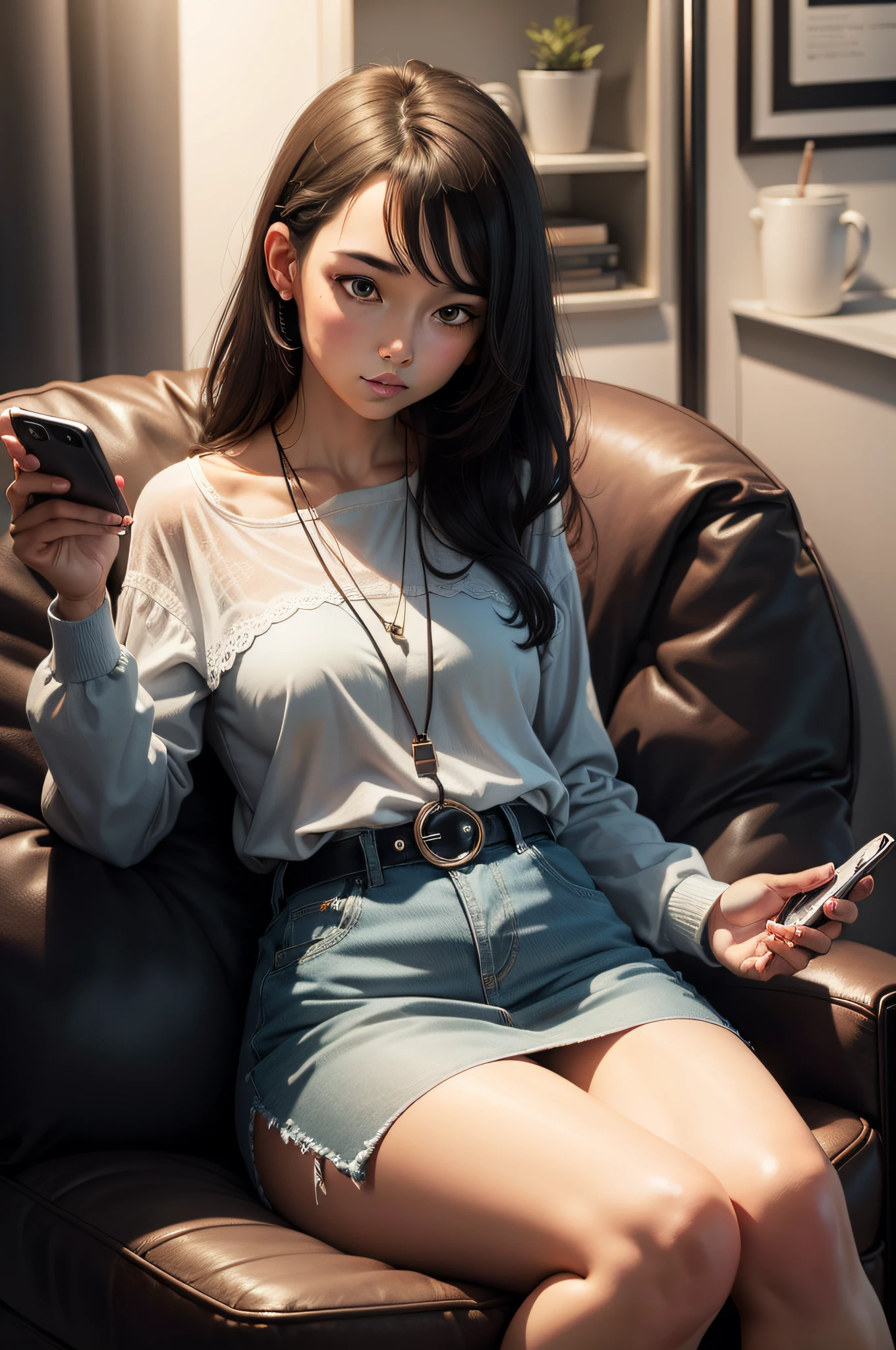 1 woman with only one cell phone in her hands sitting