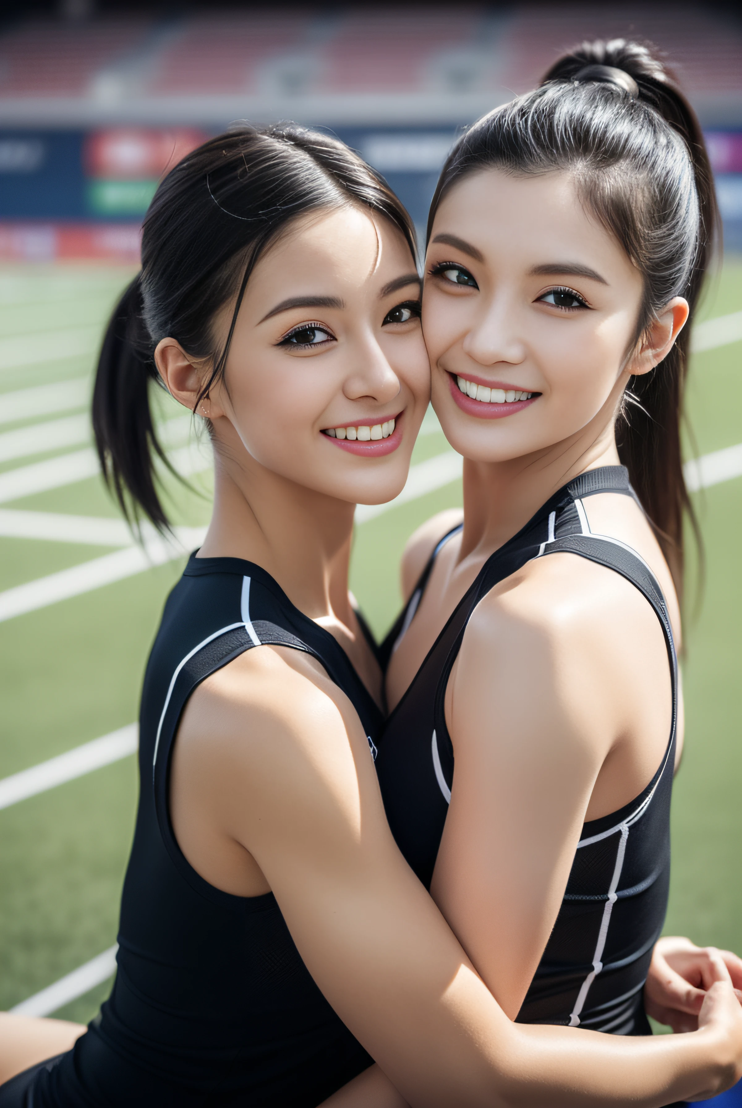 (((full bodyesbian)))、japanese beauty girl、two shot、(((track and field uniform)))、((Shoulder-length black hair))、((Short ponytail))、Two people posing、hairarmpits、Perfect style、beauty legs、kawaii、((Track & Field Athletes Women))、(((1人)))、((stadium))、Transcendent cute、A slight smil、Beautiful breasts、full bodyesbian、athletic field、((Outstanding style))、((Healthy body))、 Photorealsitic、Beautiful detailed eyes、Hyper-Realism、highcontrast、Ultra HD、realistic skin textures、Top image quality、top-quality、超A high resolution、Fine details、Very meticulously