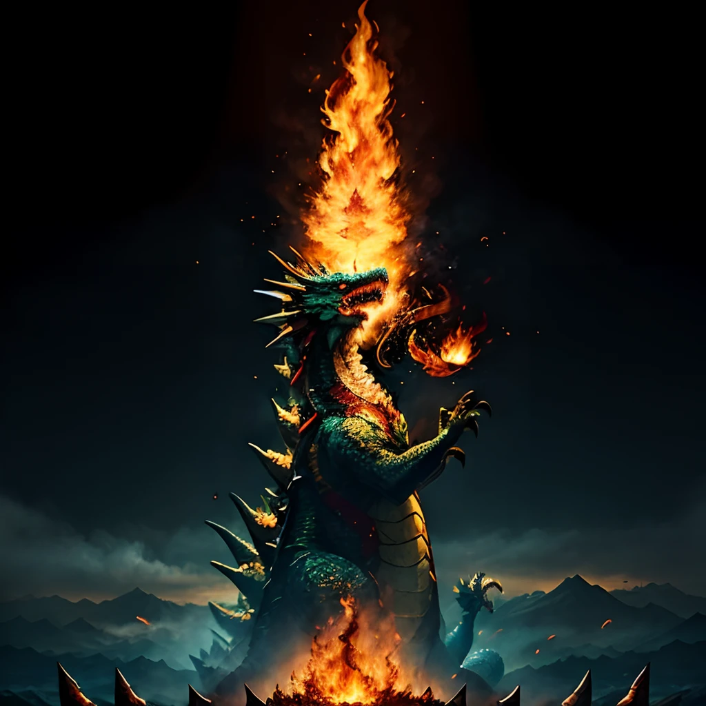 A Chinese dragon spits fire at Godzilla