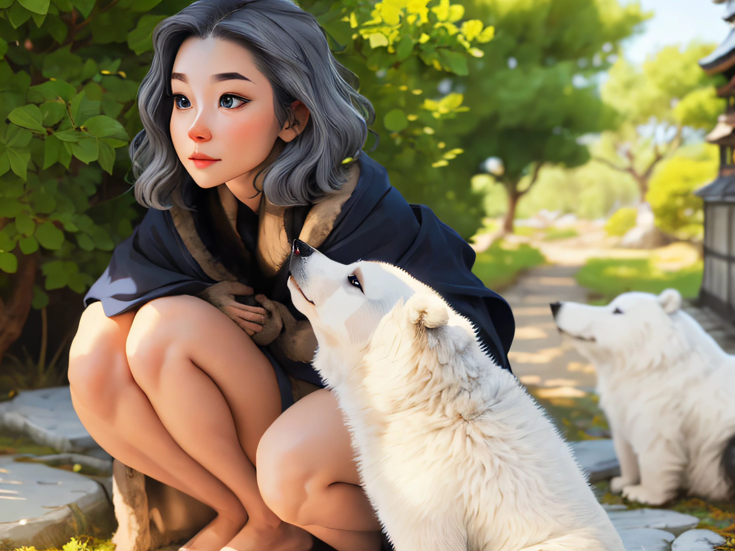 Beautiful woman with short silver gray hair, The bang covered half of her face., Sensitive features, A serene expression., Presence with dignity, She wears a simple full-length robe that reaches the ground., layer with a thick fur coat on top., The long sleeves of the bear striped coat resemble an animal skeleton., ,Kind white dog with blue eyes., The character design shows a fantasy-style apprentice character with a Japanese anime design., The artwork features intricately detailed character designs., Japanese manga art style show for adults, ((Character concept art)), high-res, bestquality, ultra-detail, Very delicate., anatomically correct, symmetrical face, very detailed eyes and face, high quality eyes, creativity, RAW photo, UHD, 10, (natural light, Professional lighting:1.2, Cinematic lighting:1.5, best shadows), (masterpiece:1.5)