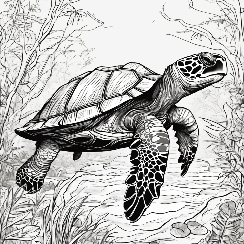 turtle walking, quality, drawing, line doodle, monochrome scheme, no background, classic style