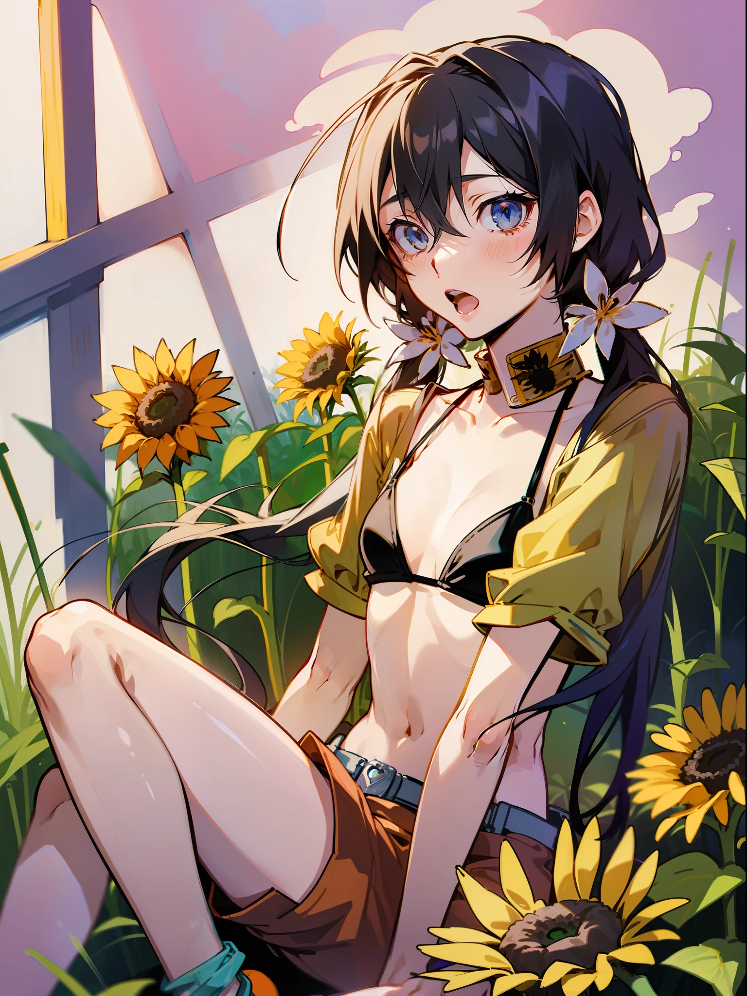 Open mouth、Surprised face、((bikini of,Hot Pants))、izumi kyouka、Long hair、((low twintails))、Hair Flower、Hair Ornament、a room、A questioning look on his face、bare-legged、Smaller chest、Bare legged、thighs thighs thighs thighs(sunflowers fields、Flower Garden:1.1)plein air、takeout