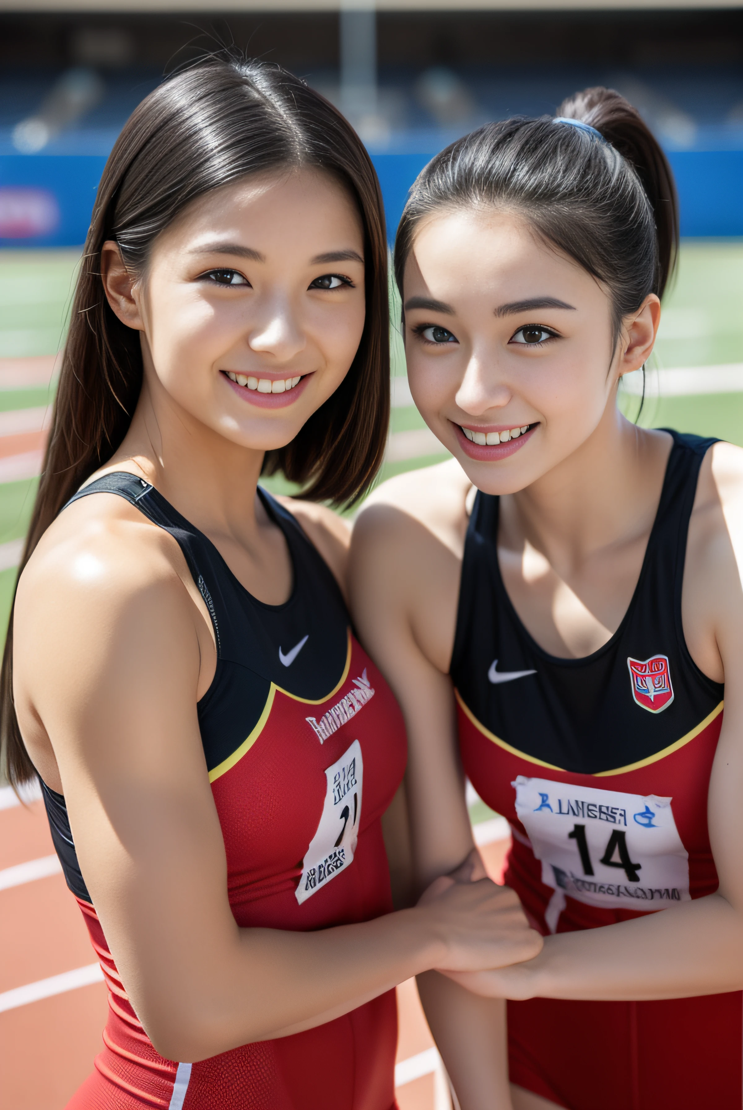 (((full bodyesbian)))、japanese beauty girl、two shot、(((track and field uniform)))、((Shoulder-length black hair))、((Short ponytail))、Two people posing、hairarmpits、Perfect style、beauty legs、kawaii、((Track & Field Athletes Women))、(((1人)))、((stadium))、Transcendent cute、A slight smil、Beautiful breasts、full bodyesbian、athletic field、((Outstanding style))、((Healthy body))、 Photorealsitic、Beautiful detailed eyes、Hyper-Realism、highcontrast、Ultra HD、realistic skin textures、Top image quality、top-quality、超A high resolution、Fine details、Very meticulously