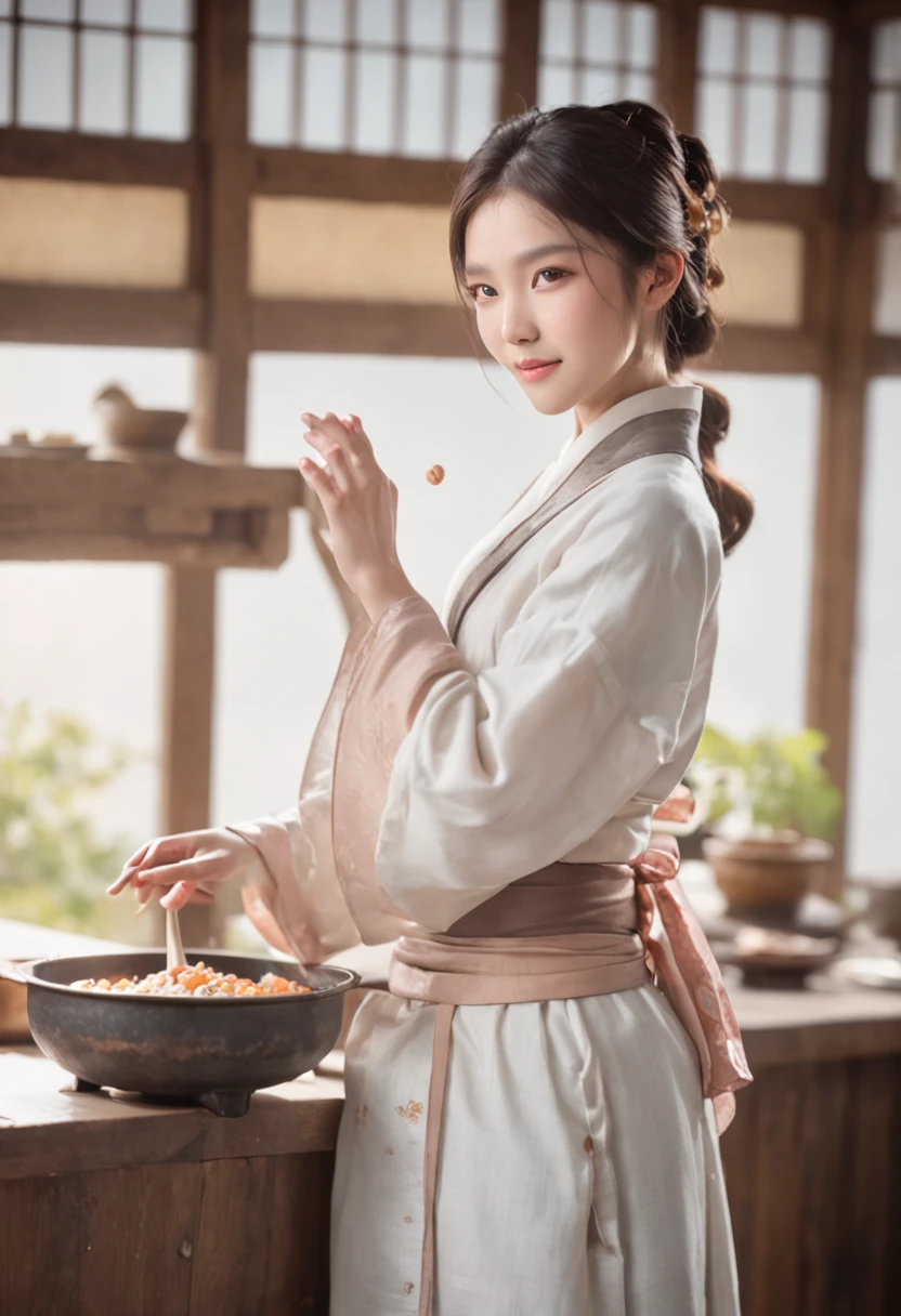 kitchens、Woman cooking、Wear Hanfu、Hold the pan in your left hand、Touch your head with your right hand、Background windows let in light、Sunnyday、Background kitchen water practice、fluency、small boobs、Cute smile、horse tailed、Bright environment、bust、A high resolution、tmasterpiece、top-quality、wear cap:1.3、((hasselblad photograph))、Fine skin、foco nítido、(lighting like a movie)、Soft lighting、dynamic ungle、
