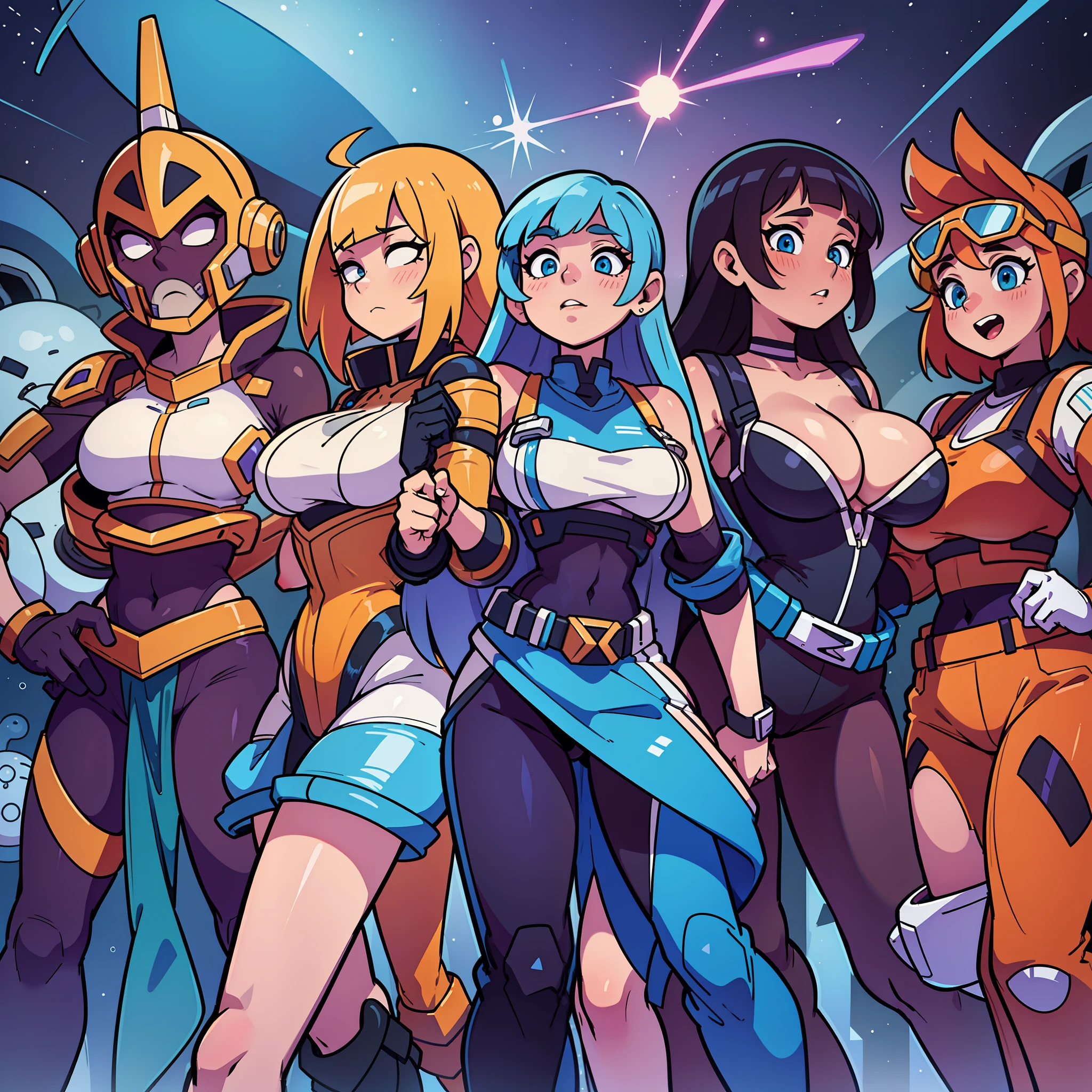 a reimagined space team in another world in their own dimension, large breasts, cute, amazing, sexy