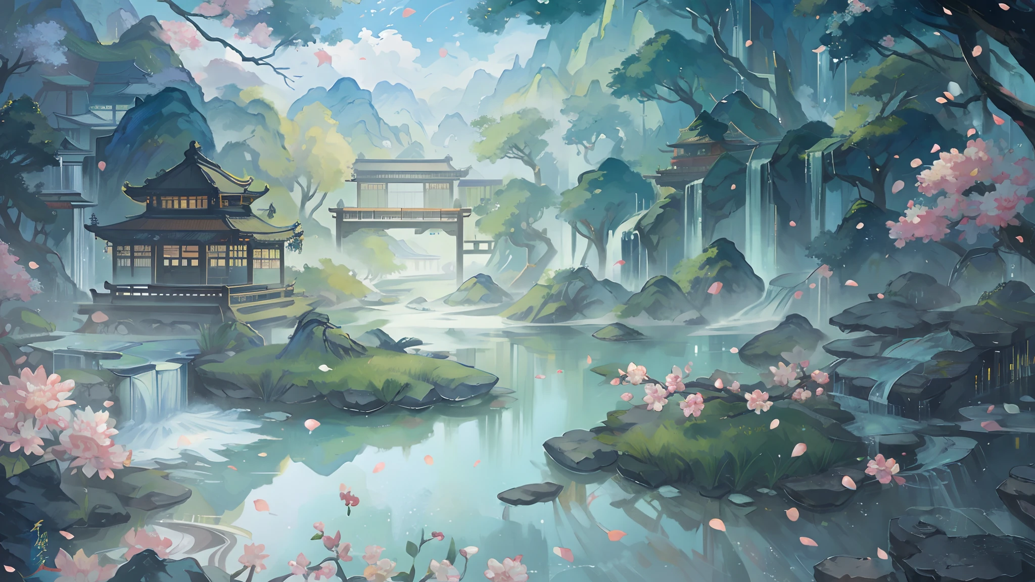 An incredibly detailed and photorealistic CG unity 8K wallpaper, the beauty of a classical Chinese garden, The stunning landscape features a serene lake and river surrounded by lush vegetation and majestic trees, natural light, blue sky, fluffy clouds, waterfall, Bokeh, Depth of Field, HDR, Bloom, Chromatic Aberration, and Intricate detail, --v6