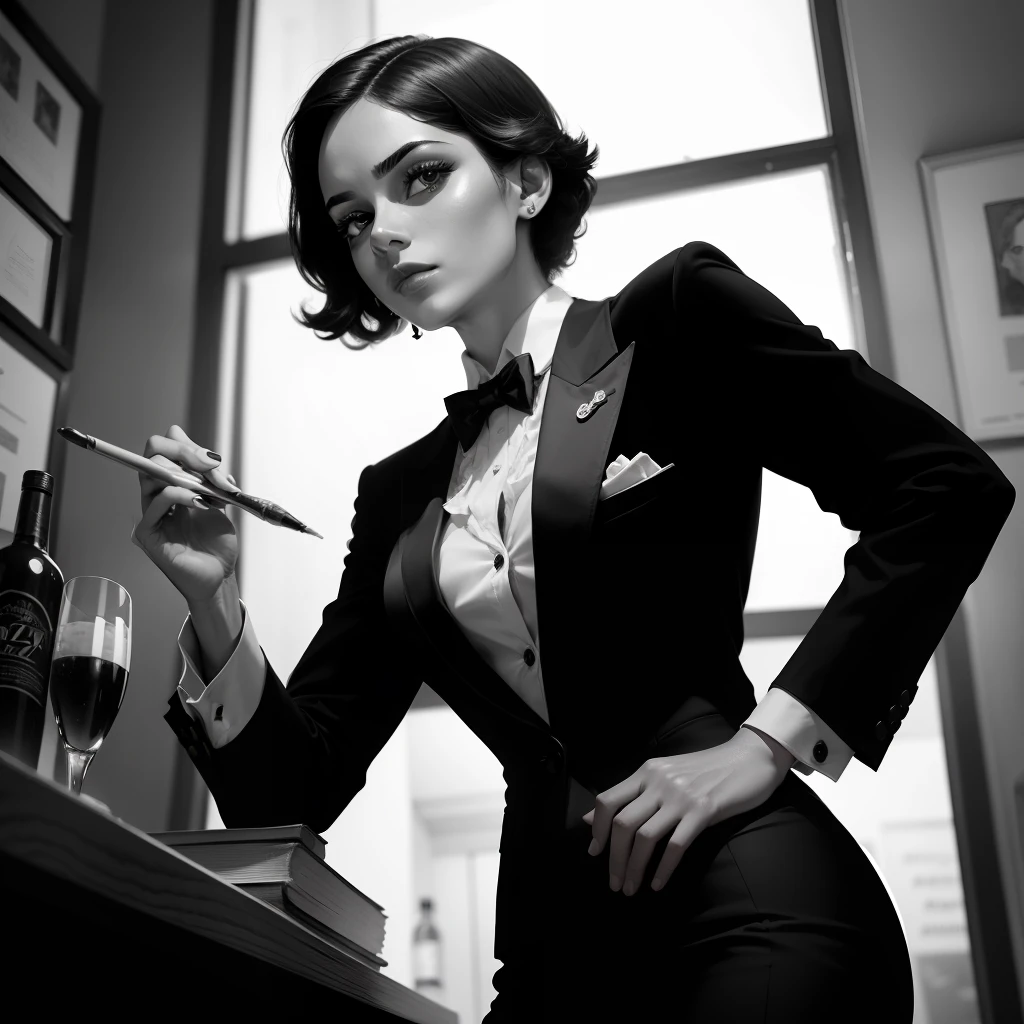 Black and white stick figure, libe drawing,fine line art, Uma imagem de um investigador dos anos 20, adornado com um traje glamoroso de detetive estilo melindrosa, investigando um bar da era do jazz. The scene exudes the charm and allure of the 1920s, com jazz sensual tocando ao fundo e uma pitada de intriga no ar.
