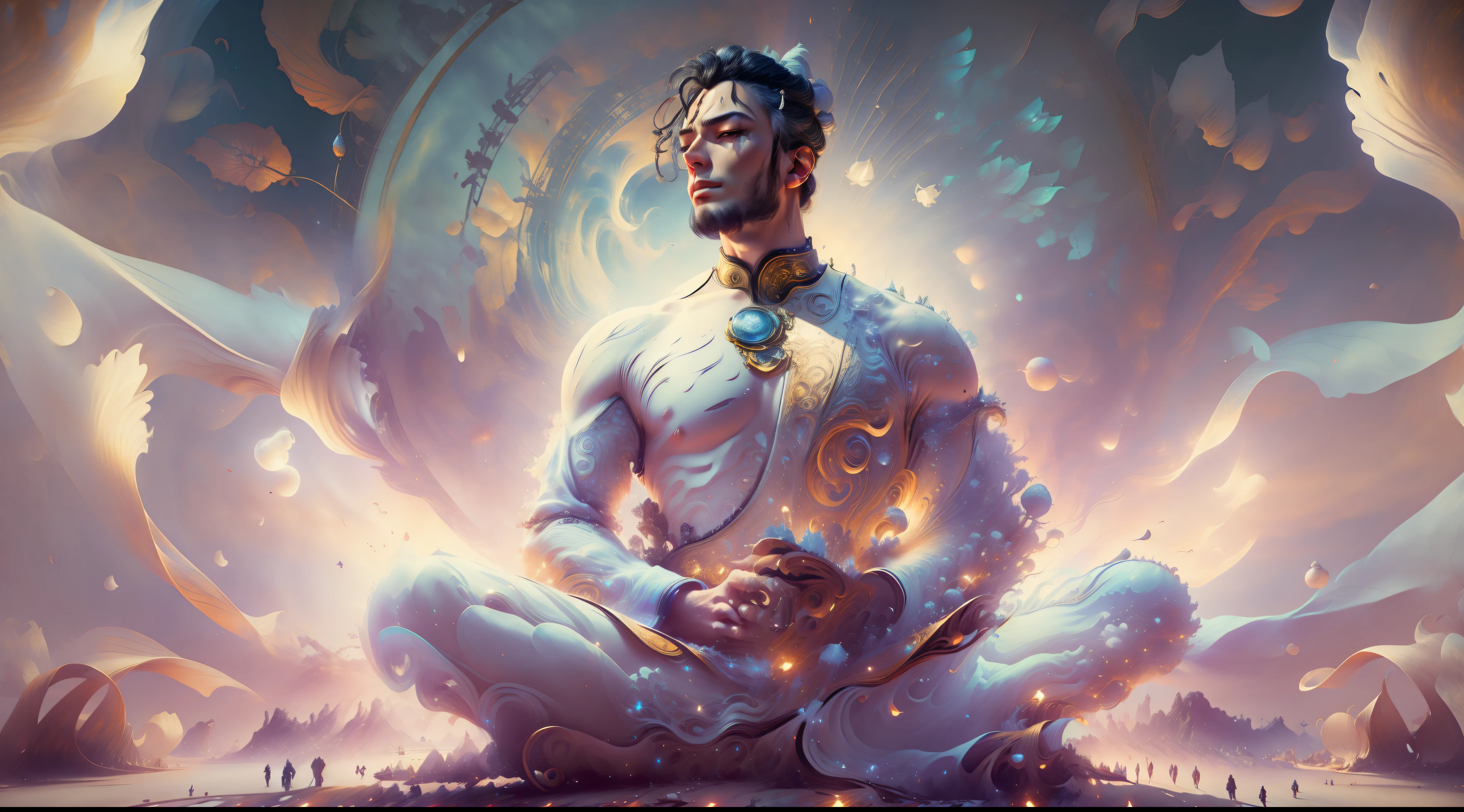 Handsome guy in a white shirt，Sit and meditate in a lotus pose，Look at the audience with your eyes closed，raised head，Floating on the ground，cheerfulness，A slight smil，realisticlying，Bokeh，light particules，very highly detailed background，detailed face with，Detailed and complex busy background，Untidy，opulent，milkyW，Highly detailed hands，Realistic details of skin，Visible Pore，tack sharp focus，volume fog，8K  UHD，digital SLR camera，high qulity，filmgrain，White skin of the，photo-realism，lomo graphy，Huge metropolis in a dystopia of the future , View from below，Eau，（Very detailed CG unity 8K wallpaper），most beautiful artwork in the world，Professional majestic oil painting，iintricate，high detal，sharp fokus，dramatics，Realistic painting art