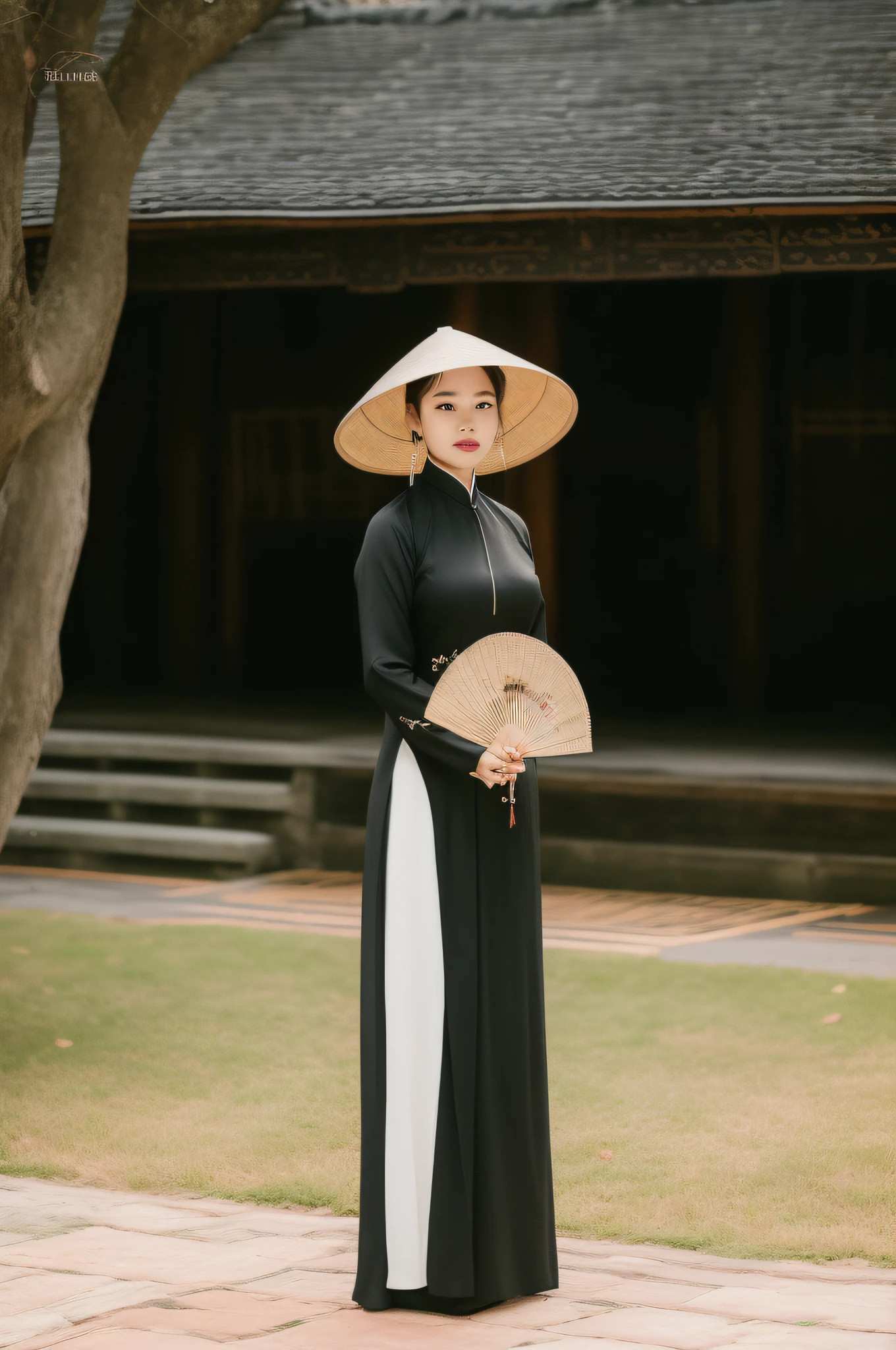 there is a woman in a long black dress and a hat holding a fan, ao dai, wearing black old dress and hat, vietnamese woman, in style of lam manh, traditional tai costume, wearing black dress and hat, traditional dress, traditional clothes, priestess in a conical hat, wearing authentic attire, traditional clothing, dressed with long fluent clothes