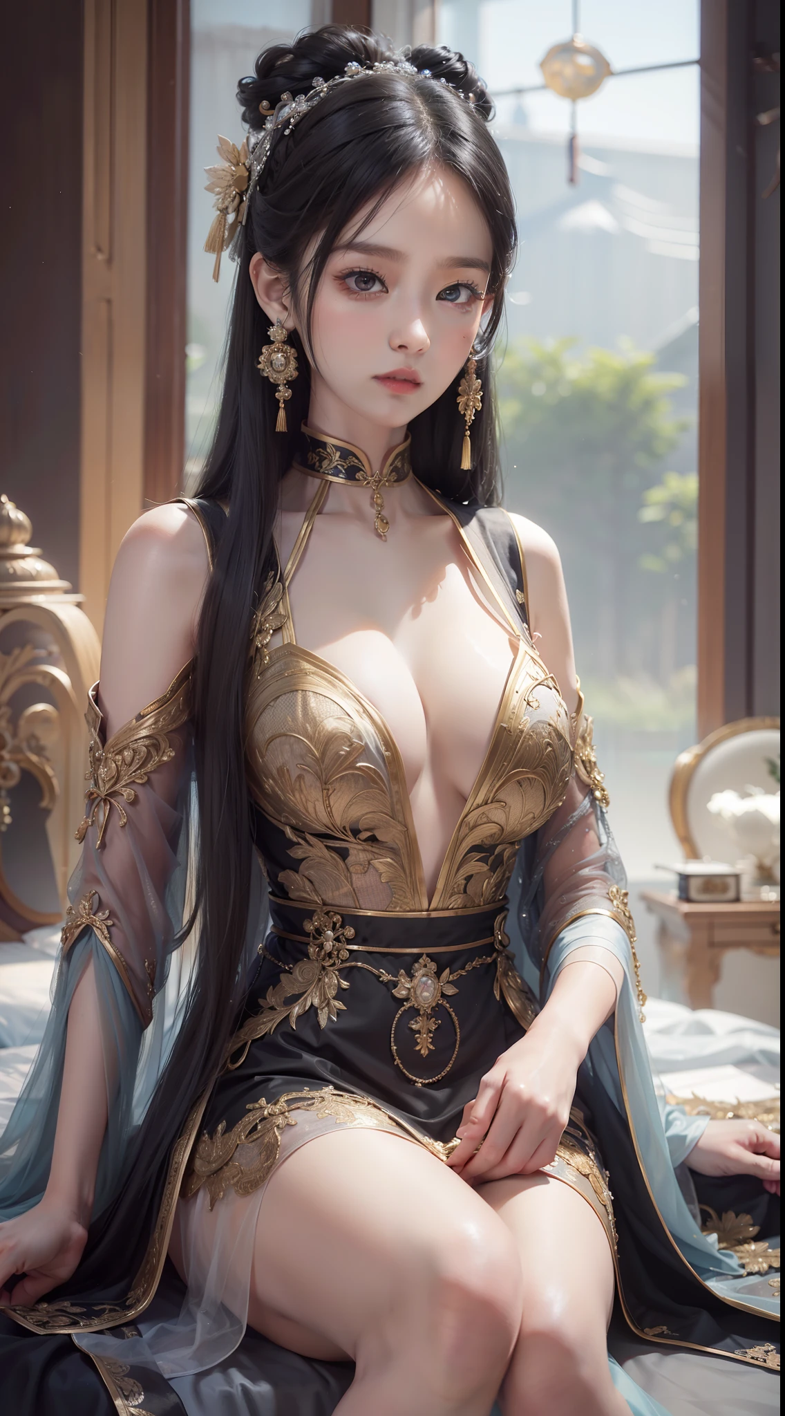A girl,年轻,black color hair,horse tailed,Wearing a white tulle dress,A layer of clothing,cleanness,Looming skin,Hanfu style,Exposed cleavage,D-cups,High quality white stockings,real silk,Raised sexy,inside in room,Sitting,独奏,best qualtiy,best illuminate,Highest high resolution,16K,Meticulous detailing,