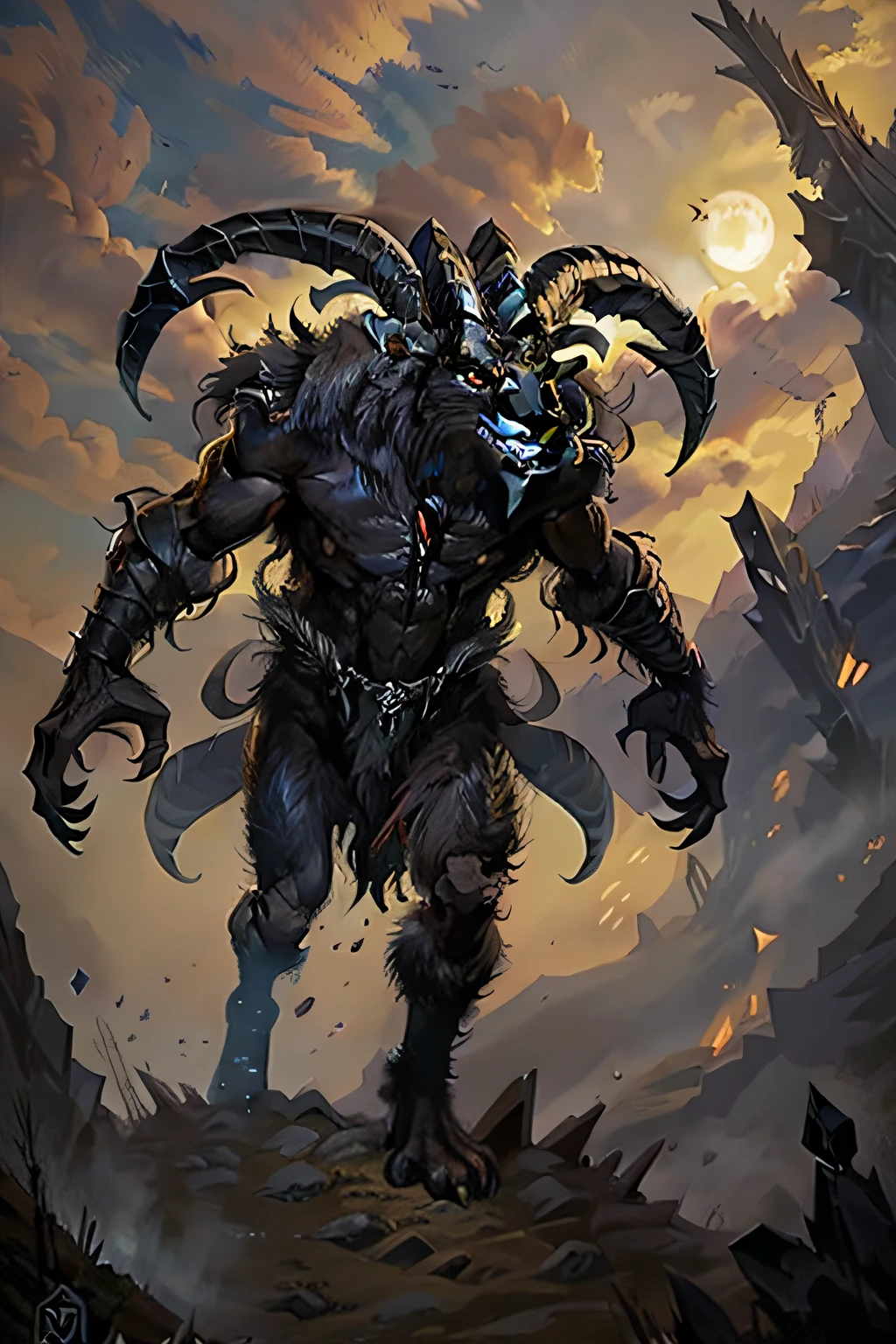 An ominous abstract vision depicting the apocalypse; a widening spiral surrounded by falling shards of civilization and loss of innocence; at the center a rough beast with a blank sphinx-like face slouches towards the ruins of Bethlehem to be born; representing the coming of an unknown chaotic new epoch that will upend the world order; eerie, atmospheric, foreboding