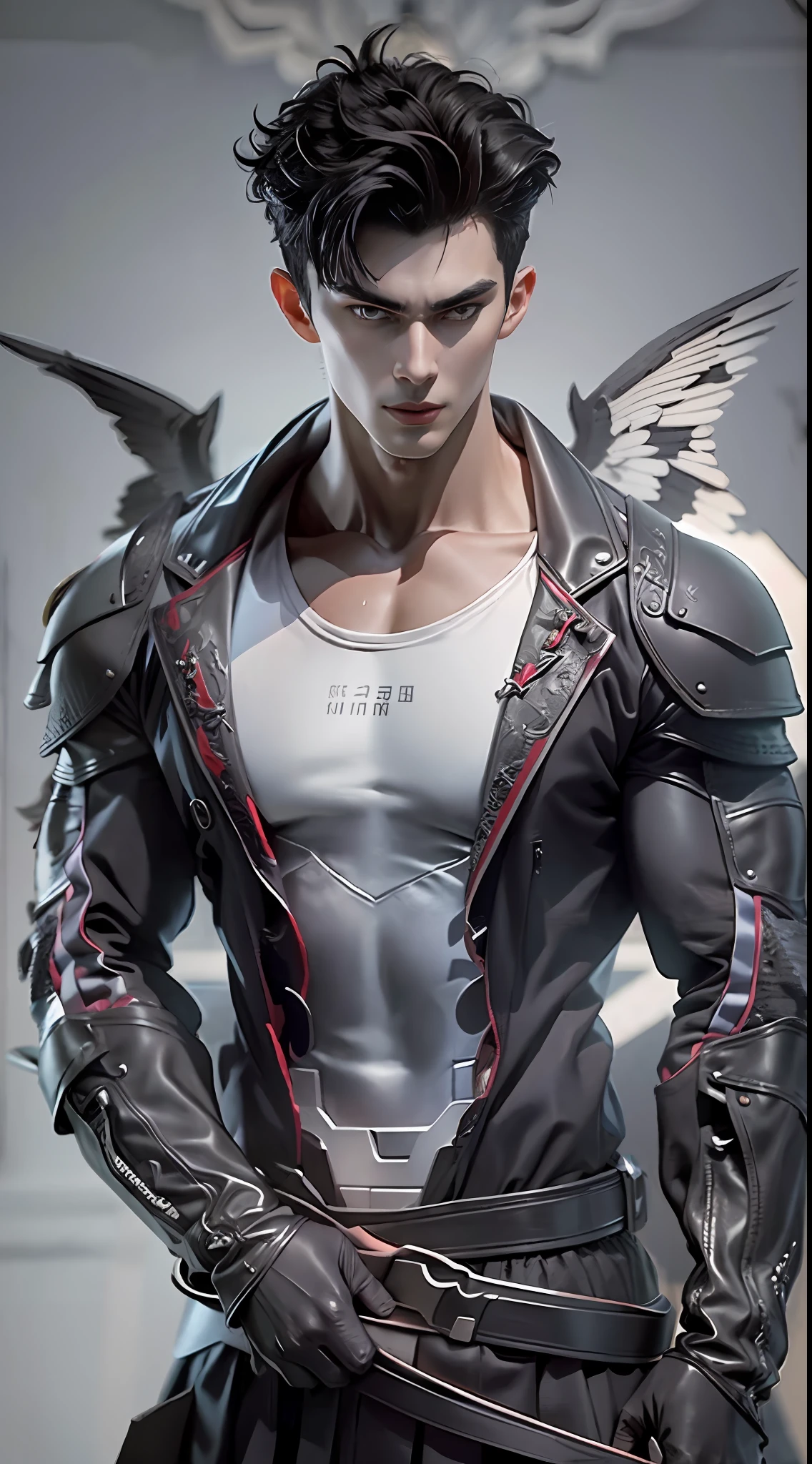 Sculpture design,Figures,GK model,The whole body of the character,Handsome demon,satan,sexy for,Stroke the chest,Wings,Handsome,Expose muscles,base,Wu Yifan,Handsome cybernetic boy looking at camera lingerie detailed muscular reality masterpiece,musculous