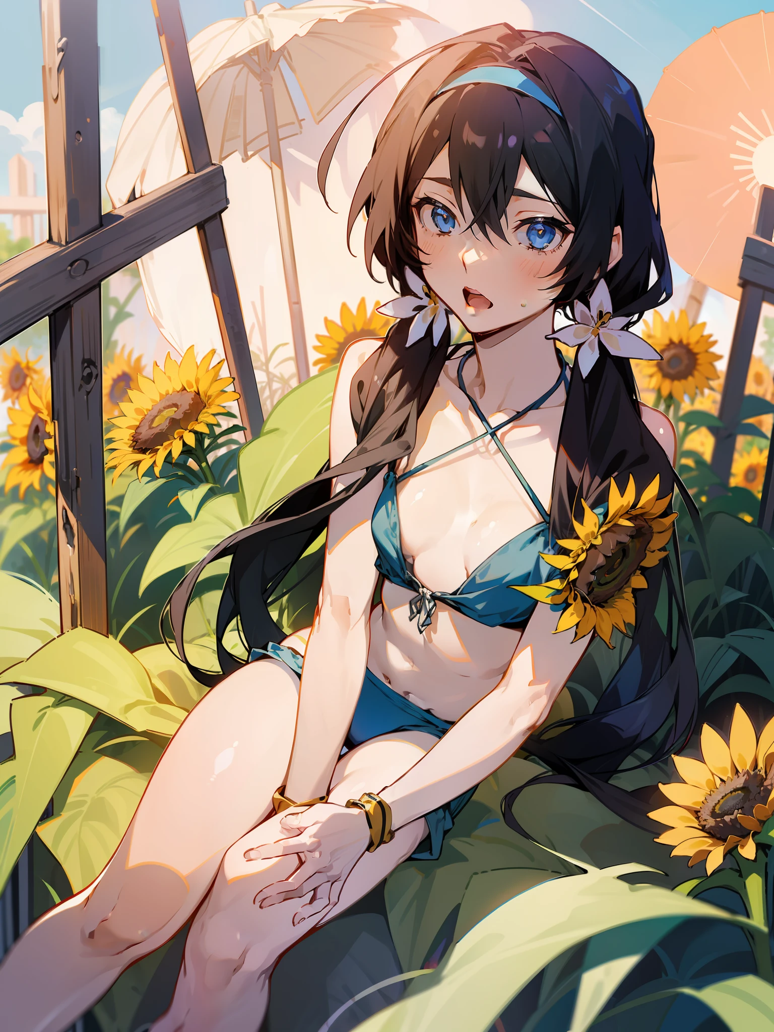 Open mouth、Surprised face、((bikini of,Hot Pants))、izumi kyouka、Long hair、((low twintails))、Hair Flower、Hair Ornament、a room、A questioning look on his face、bare-legged、Smaller chest、Bare legged、thighs thighs thighs thighs(sunflowers fields、Flower Garden:1.1)plein air、blue-sky、suns、