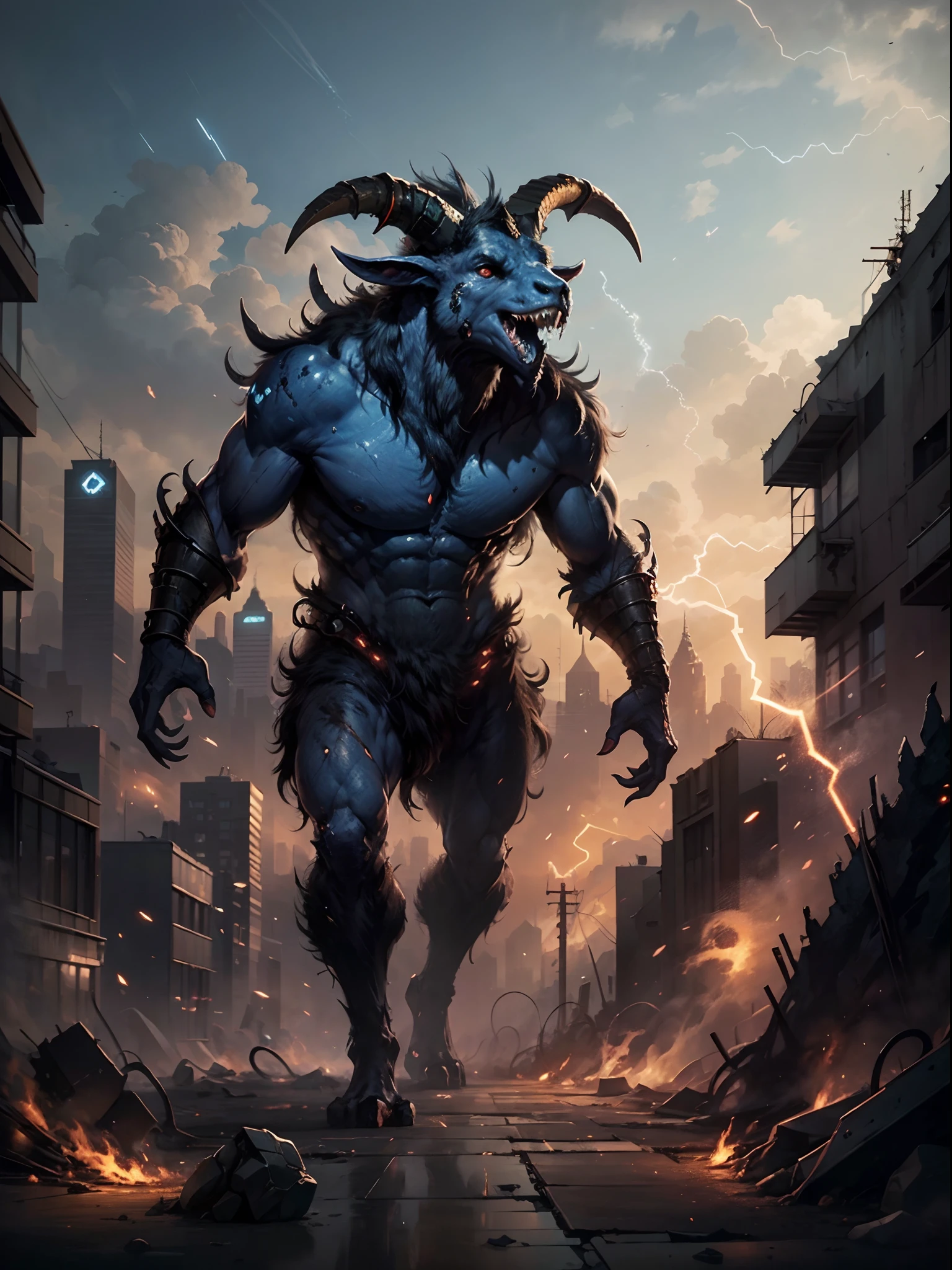 Masterpiece, Best quality，8K, 超高分辨率，In a run-down city，Powerful energy fluctuations in the sky distorted space，Mysterious cracks appear，Evil goat-faced humanoid monster，There are sharp claws、Huge blue scales and red eyes，They left flickering sparks and illusory energy residues under their feet，Set against the backdrop of cities destroyed after the apocalypse，Volumetriclighting，rendering by octane，4K 分辨率，ArtStation Trends，tmasterpiece