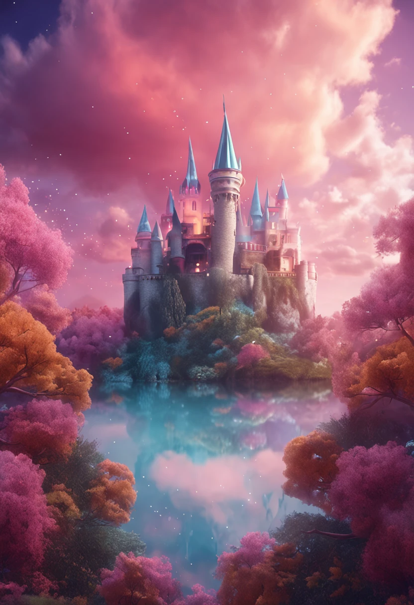 castle floating on the cloud, multi colors cuttoncandy cloud, in fairyland, dreamy and romantic, dreamy atmosphere and drama, very magical and dreamy, dreamy scenes, on cloud, Heaven, in the clouds fairyland, magical dream-like atmosphere, Dreamy and ethereal, still from a music video