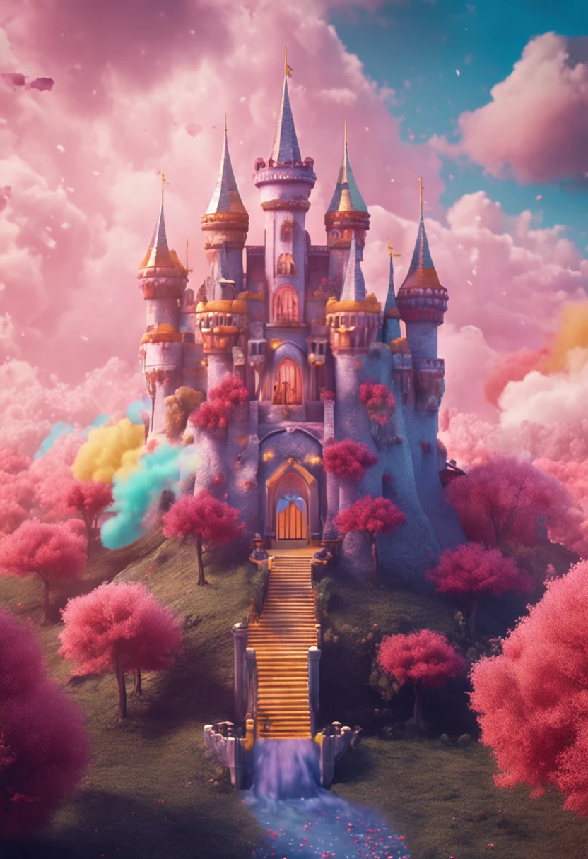 castle floating on the cloud, multi colors cuttoncandy cloud, in fairyland, dreamy and romantic, dreamy atmosphere and drama, very magical and dreamy, dreamy scenes, on cloud, Heaven, in the clouds fairyland, magical dream-like atmosphere, Dreamy and ethereal, still from a music video