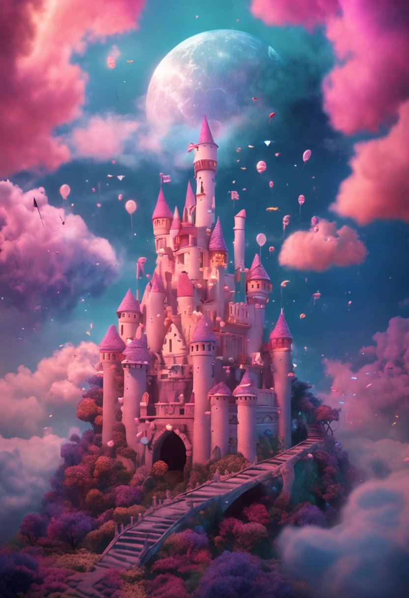 castle floating on the cloud, multi colors cuttoncandy cloud, in fairyland, dreamy and romantic, dreamy atmosphere and drama, very magical and dreamy, dreamy scenes, on cloud, Heaven, in the clouds fairyland, magical dream-like atmosphere, Dreamy and ethereal, still from a music video