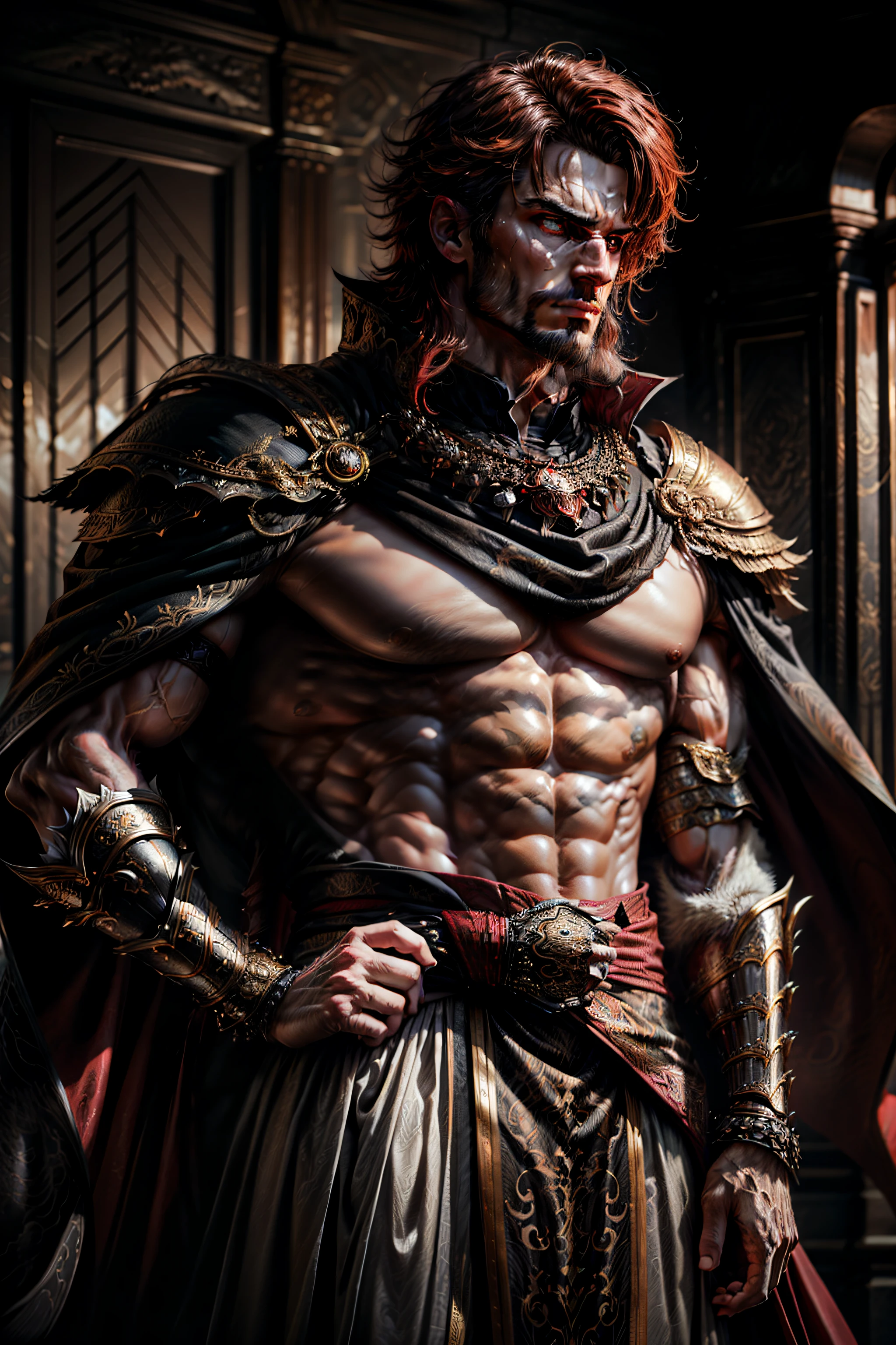 man, handsome, regal and imposing presence, stern expression, strong jawline and high cheekbones, fire red eye color, wears a set of intricately dragon-themed designed armor covering his torso, shoulders, arms, and legs, flowing cape drapes over his shoulders, A wide belt or sash cinches his waist, gauntlets, wristbands, or anklets, astral black and white dragon background