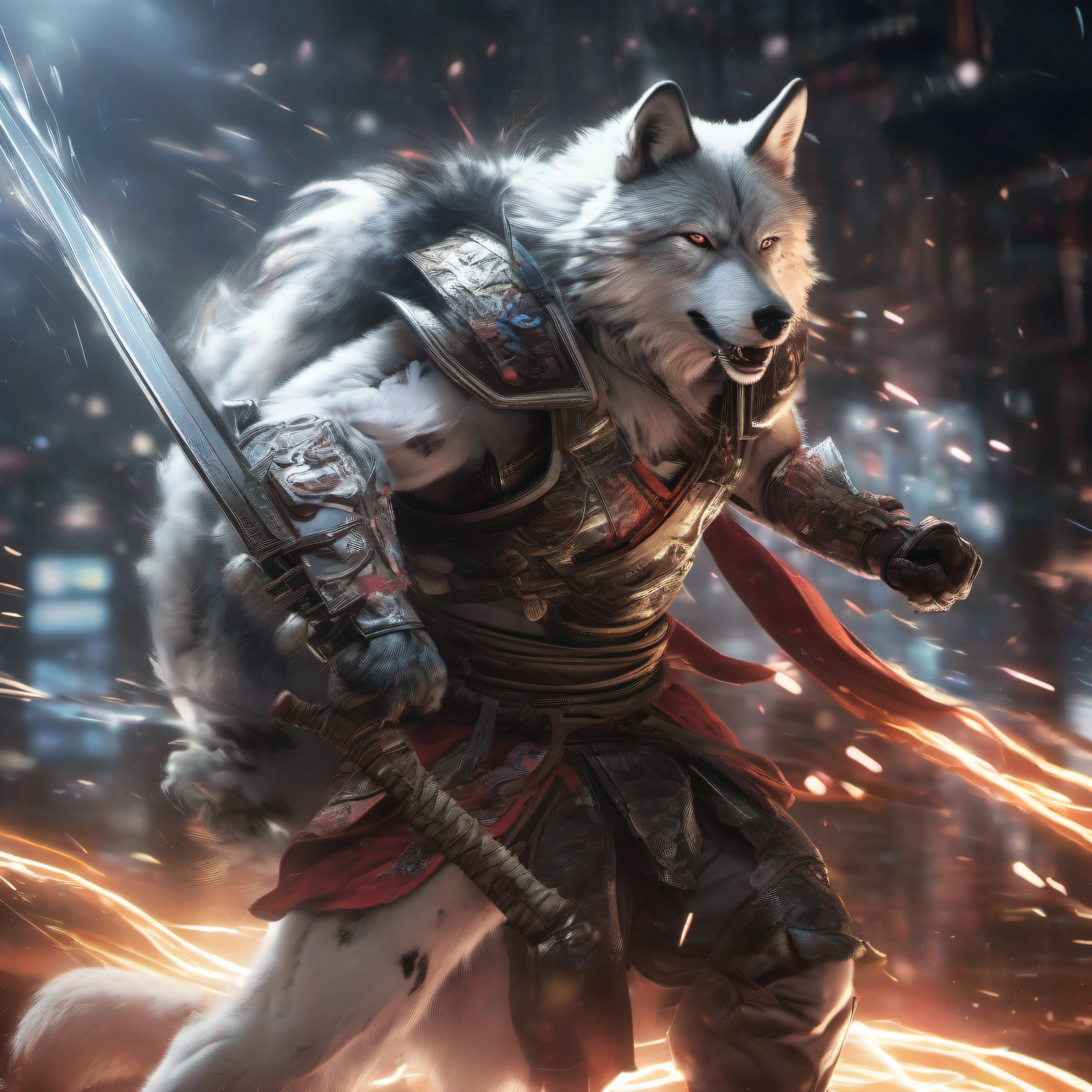 (High-speed shutter:1.1), (Long exposure:1.1), (light trail:1.1) Digital masterpiece of a wolf in a samurai costume. This muscular wolf, Straight from the cyberpunk story, Dressed in pristine white armor. While pulling out a realistic Japan sword, The aura of murderous intent is clearly visible. Black-style cyberpunk with a beautiful lighting scheme that emphasizes the aura. Straight-on angle, very high res, Best aesthetic, 4K resolution.