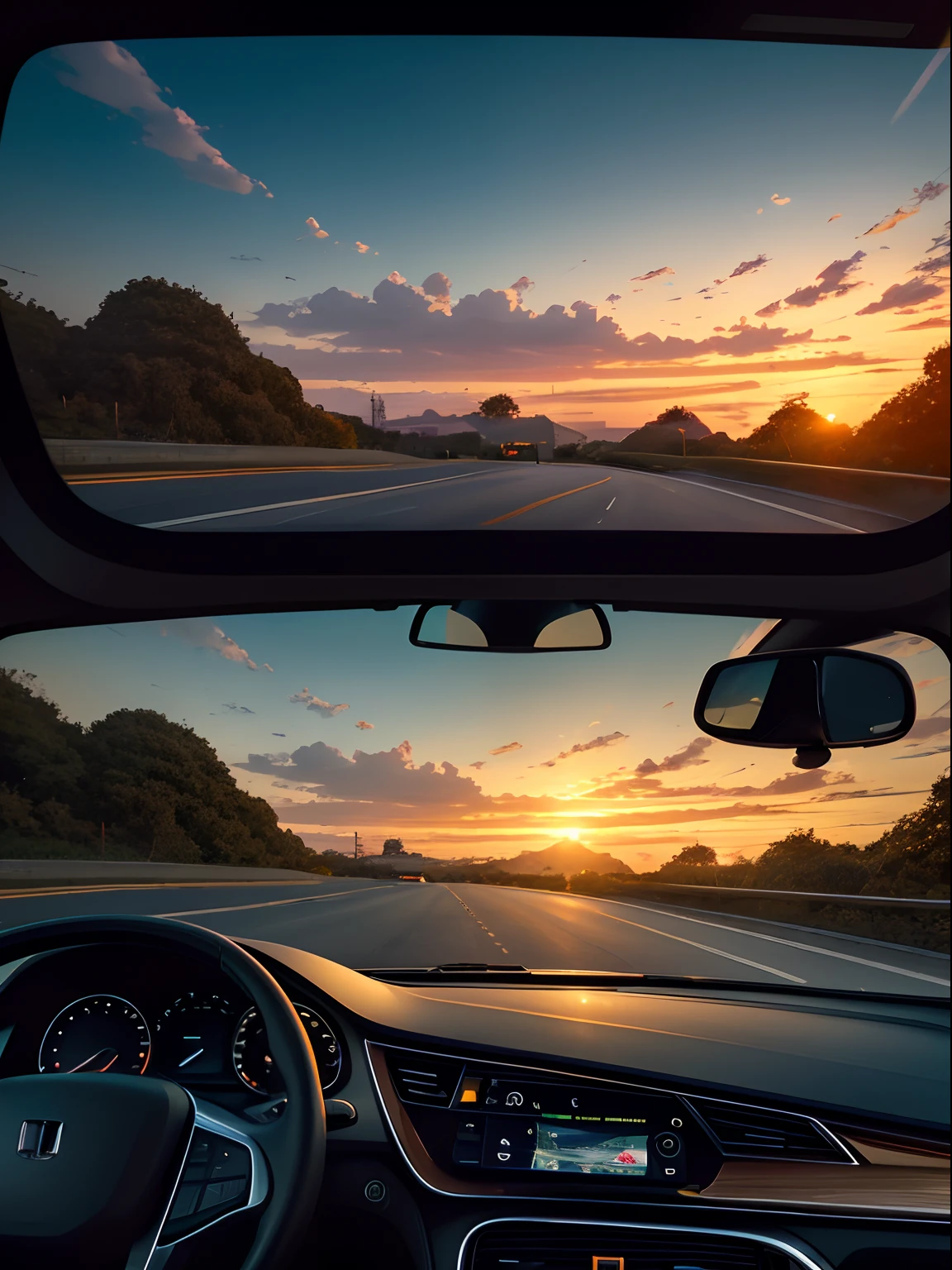 evening light,Driving in the sunset,first person perspective,natural style,Shoot at night,Positive,natural style,hdr shot,Ultra-clear details,Ultra photo realsisim,telephoto lenses,The picture is realistic,plethora of colors,Gorgeous and colorful,Real pictures --auto