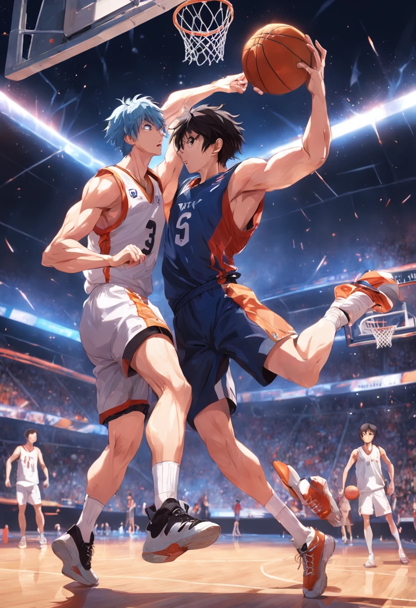 illustration|Professional basketball court and football field division,A ball in the middle,On the left is a basketball, and on the right side is a soccer ball,The person on the left is holding a basketball,The right leg plays football。Fiery confrontation,Optimal image quality,(hentail realism, Realistis:1.37), Professional lighting, Light on the face