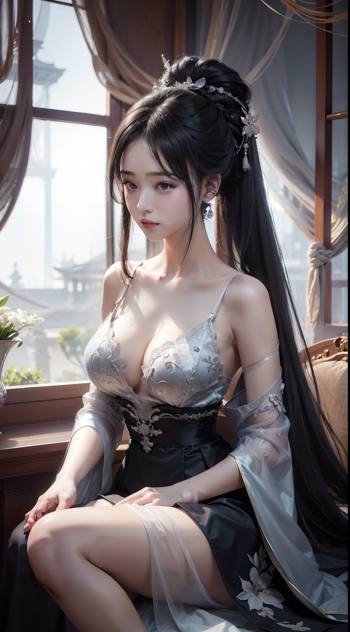A girl,年轻,black color hair,horse tailed,Wearing a white tulle dress,A layer of clothing,cleanness,Looming skin,Hanfu style,Exposed cleavage,D-cups,High quality white stockings,real silk,Raised sexy,inside in room,Sitting,独奏,best qualtiy,best illuminate,Highest high resolution,16K,Meticulous detailing,