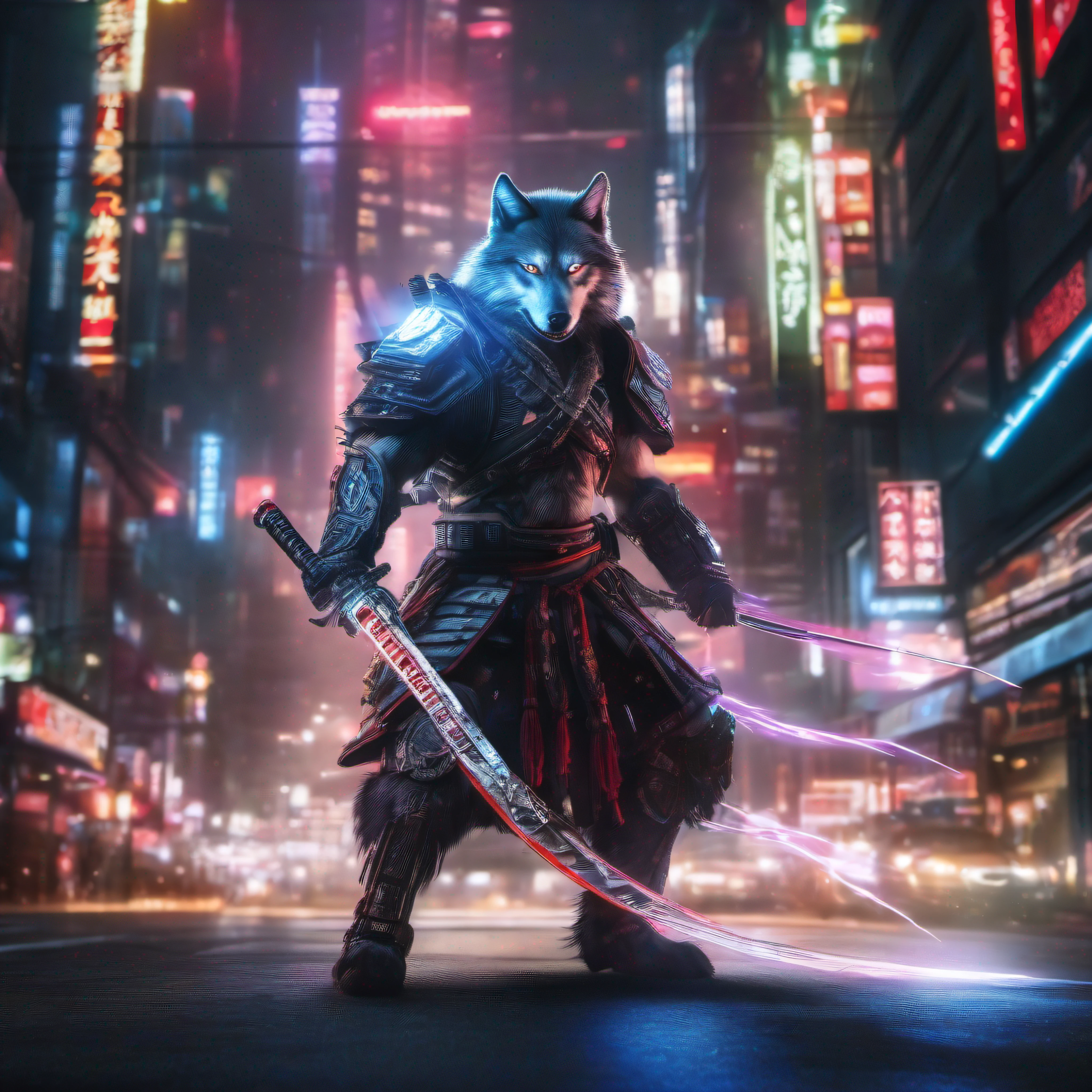 (High-speed shutter:1.2), (Long exposure:1.2), (light trail:1.2) Digital masterpiece of a wolf in a samurai costume. This muscular wolf, Straight from the cyberpunk story, Dressed in pristine white armor. While pulling out a realistic Japan sword, The aura of murderous intent is clearly visible. Black-style cyberpunk with a beautiful lighting scheme that emphasizes the aura. Straight-on angle, very high res, Best aesthetic, 4K resolution.