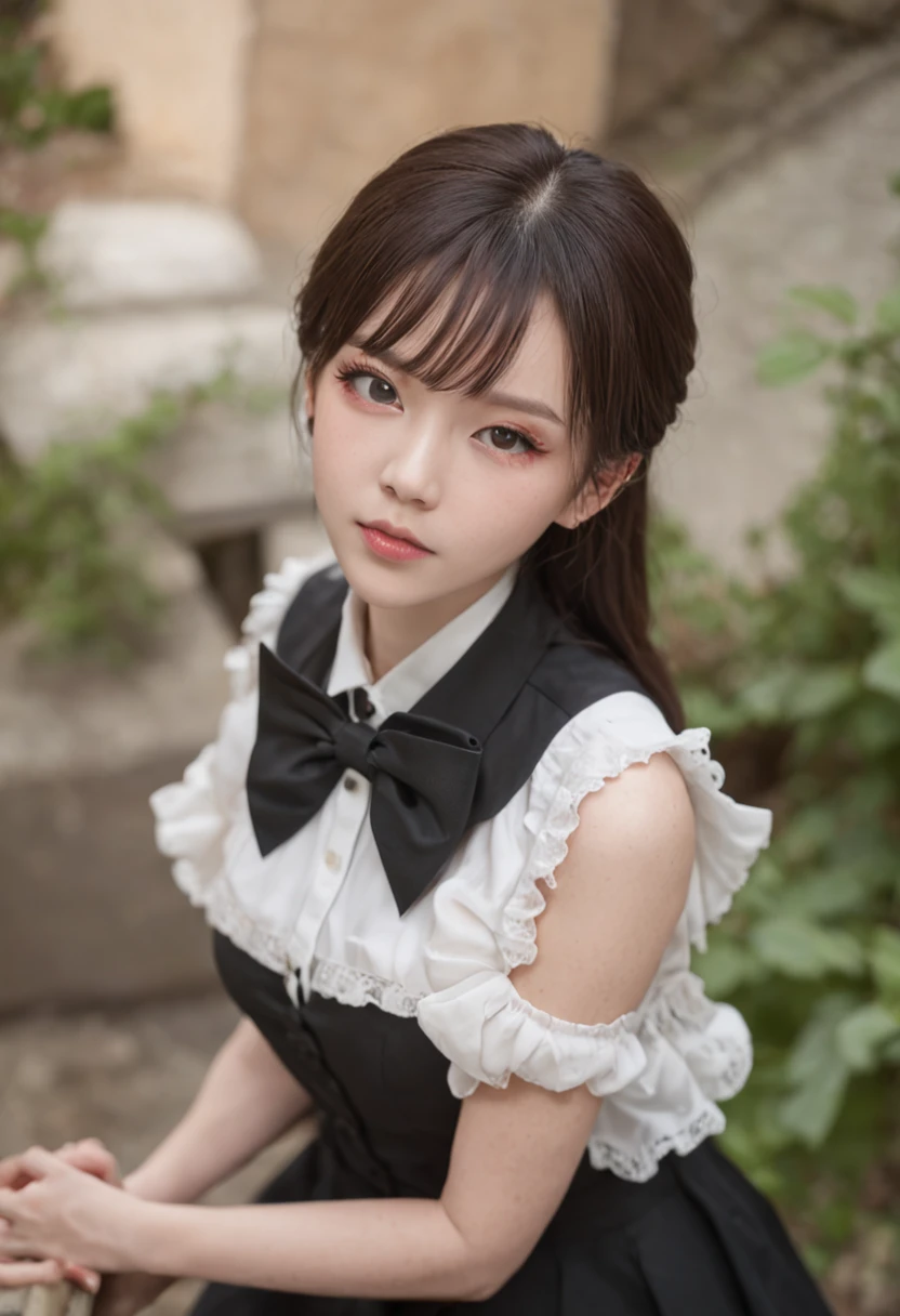 best qualtiy,超高分辨率,1girl,sleeveless white button shirt,a black skirt,Black collar,adolable,ta prostitute,(aegyo sal:1),(Platinum blonde hair:2),((puffy eye)),It looks like in front of the audience,full bodyesbian,facing the front there,