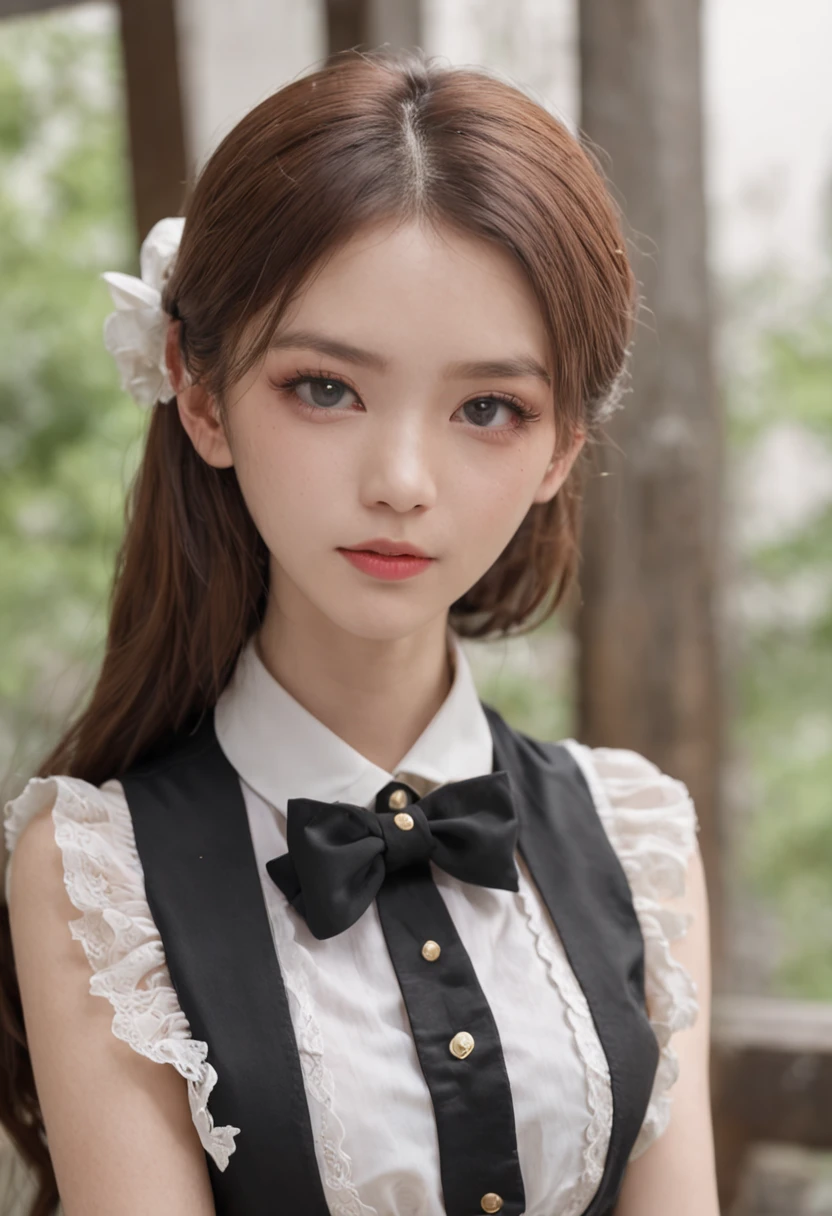 best qualtiy,超高分辨率,1girl,sleeveless white button shirt,a black skirt,Black collar,adolable,Lolita prostitute,(aegyo sal:1),(Platinum blonde hair:2),((puffy eye)),It looks like in front of the audience,full bodyesbian,facing the front there,