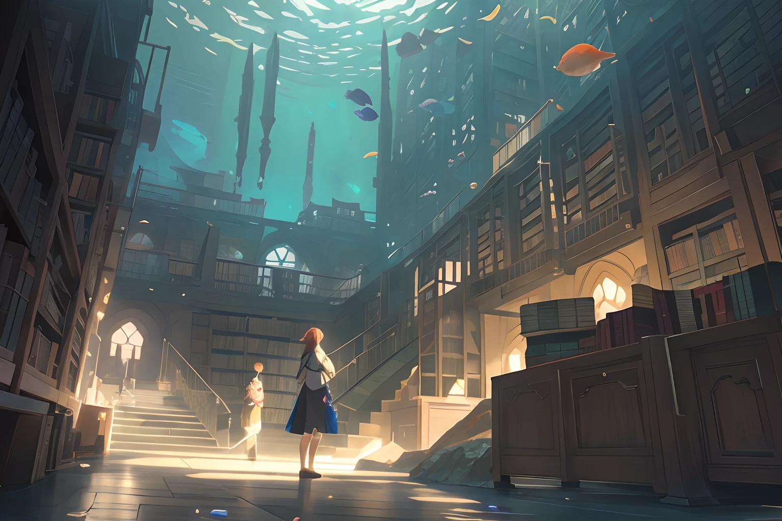 Anime scene of a woman in a library with a huge aquarium, library of ruina concept art, anime scenery concept art, Background of the Alchemist Library, beautiful anime scene, Anime Background Art, anime fantasy illustration, gothic epic library concept, by makoto shinkai, by makoto shinkai, Reflectors. by makoto shinkai, concept art stunning atmosphere